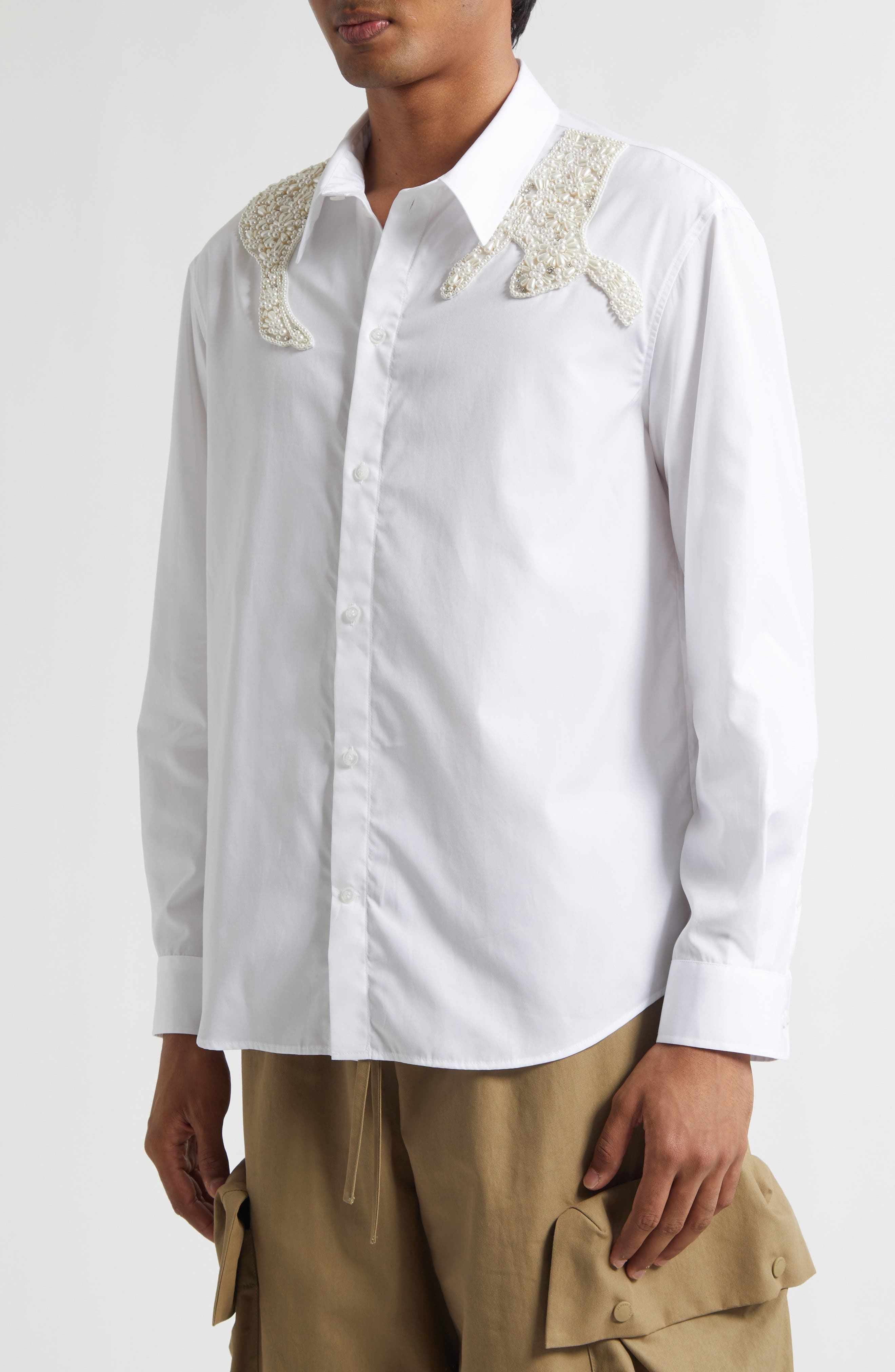 Simone Rocha Embellished Hare Classic Fit Cotton Button-Up Shirt in White/Pearl/Clear at Nordstrom - 5