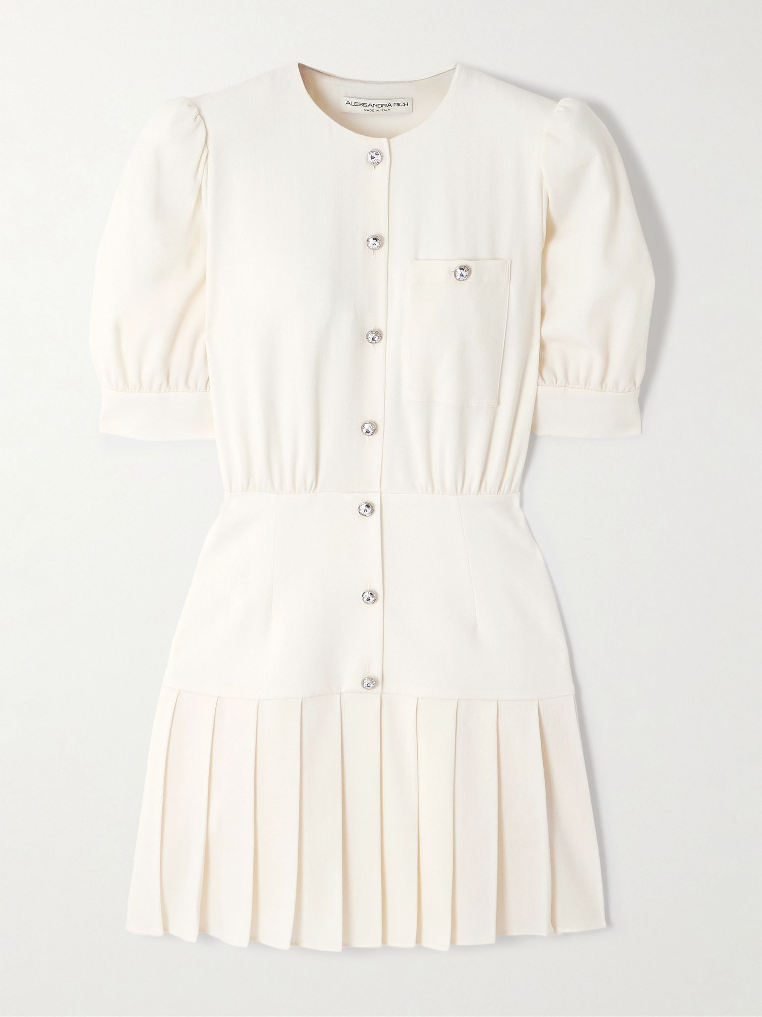 Crystal-embellished pleated wool-blend crepe mini dress White - 1
