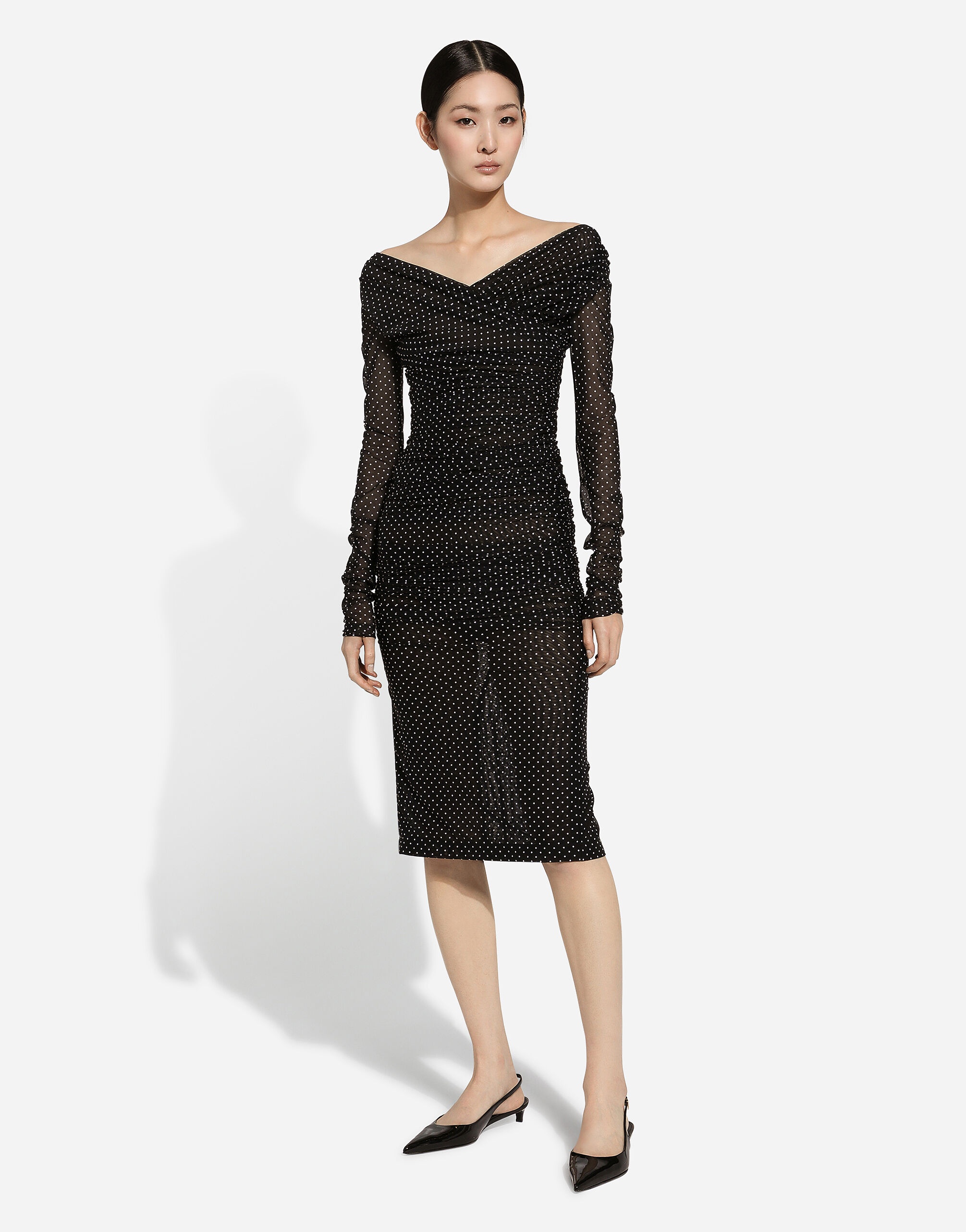 Tulle calf-length dress with draping and polka-dot print - 2