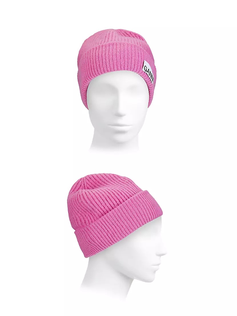 GANNI ♡ RIB KNIT BEANIE Black Oversized Wool Rib Knit Beanie by GANNI on Sale
