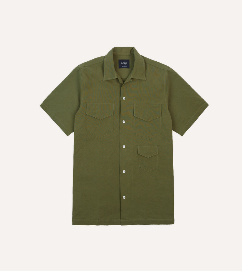 Olive Cotton-Linen Camp Collar Three Pocket Short Sleeve Shirt 1
