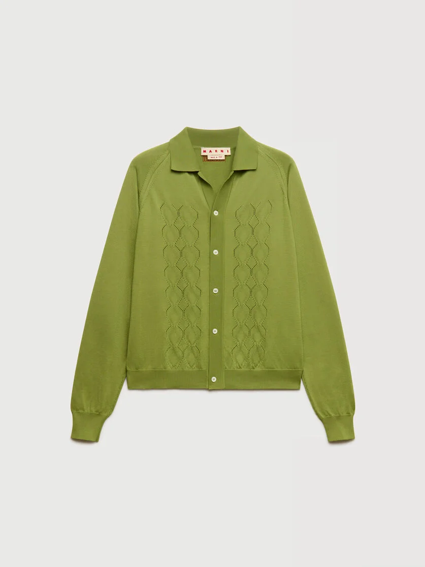 GREEN TECHNO KNIT CARDIGAN WITH POLO COLLAR - 1