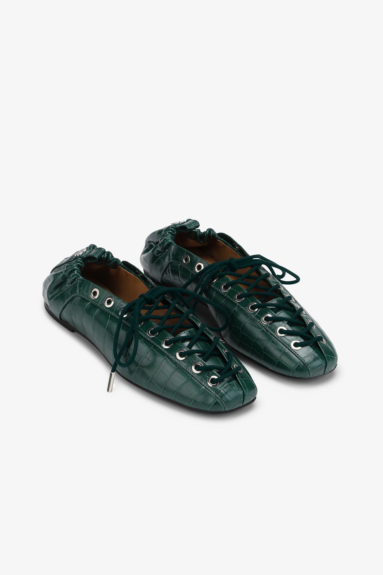 GREEN CROC-EMBOSSED LACE-UP FLATS - 2
