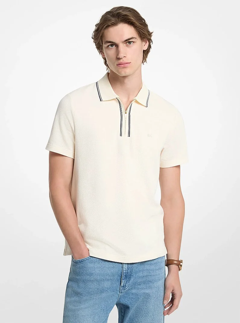 Textured Stretch Cotton Zip-Up Polo Shirt - 1