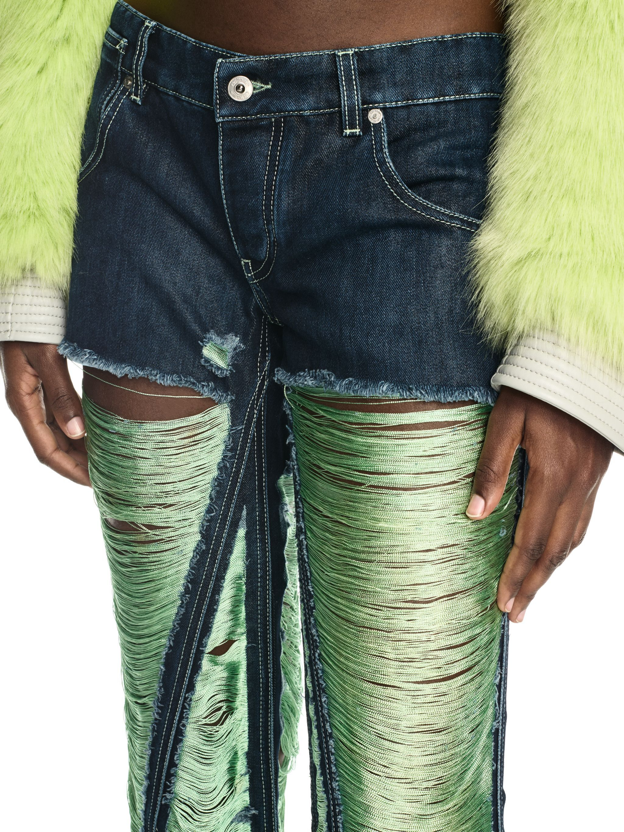 Green Shredded Denim Pants - 5