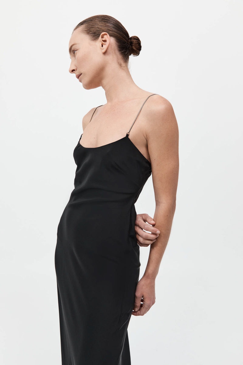 Fine Chain Silk Slip Dress - Black - 3