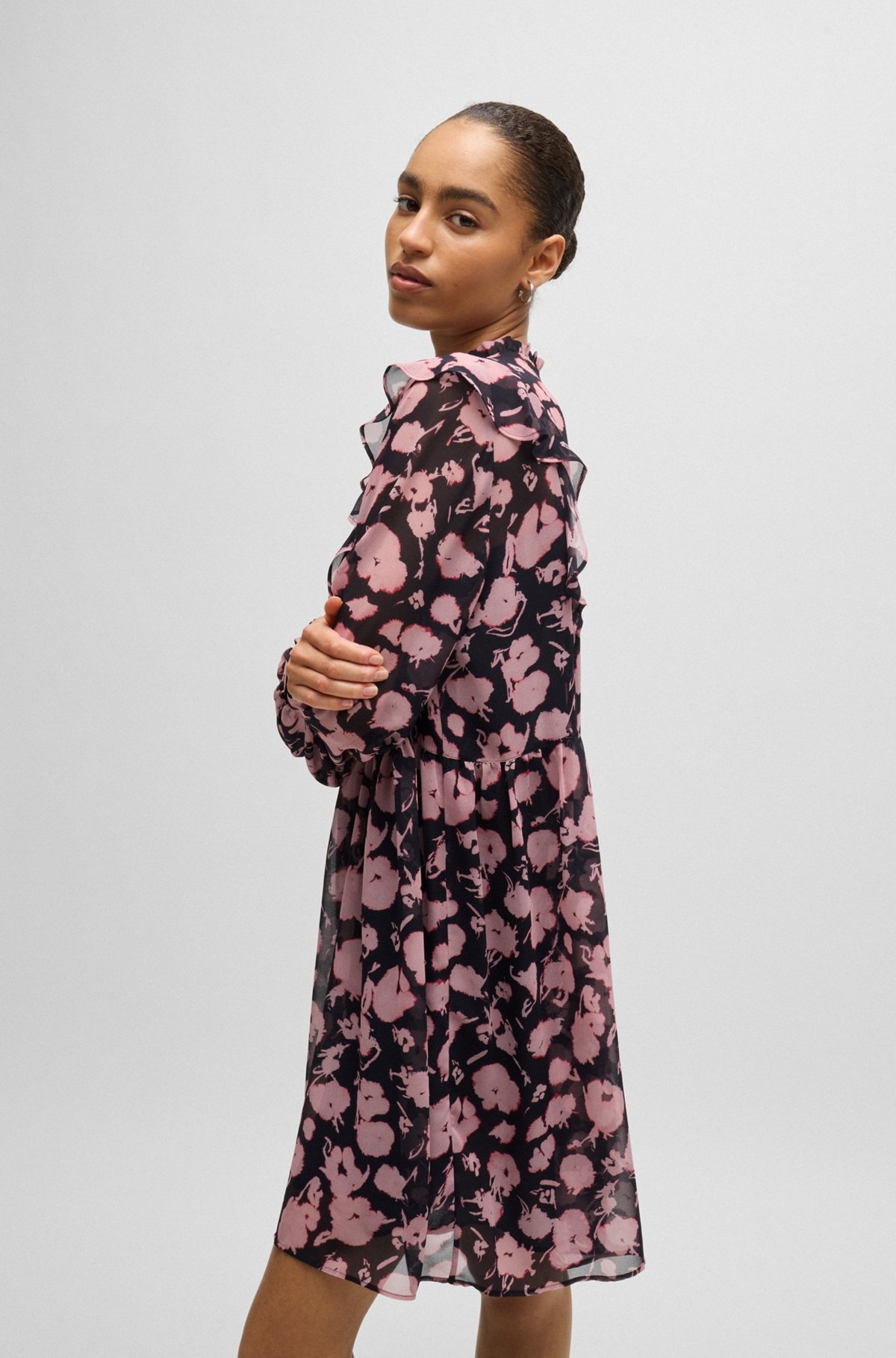 PRINTED DRESS WITH RUFFLE TRIMS AND BUTTON CUFFS - 6