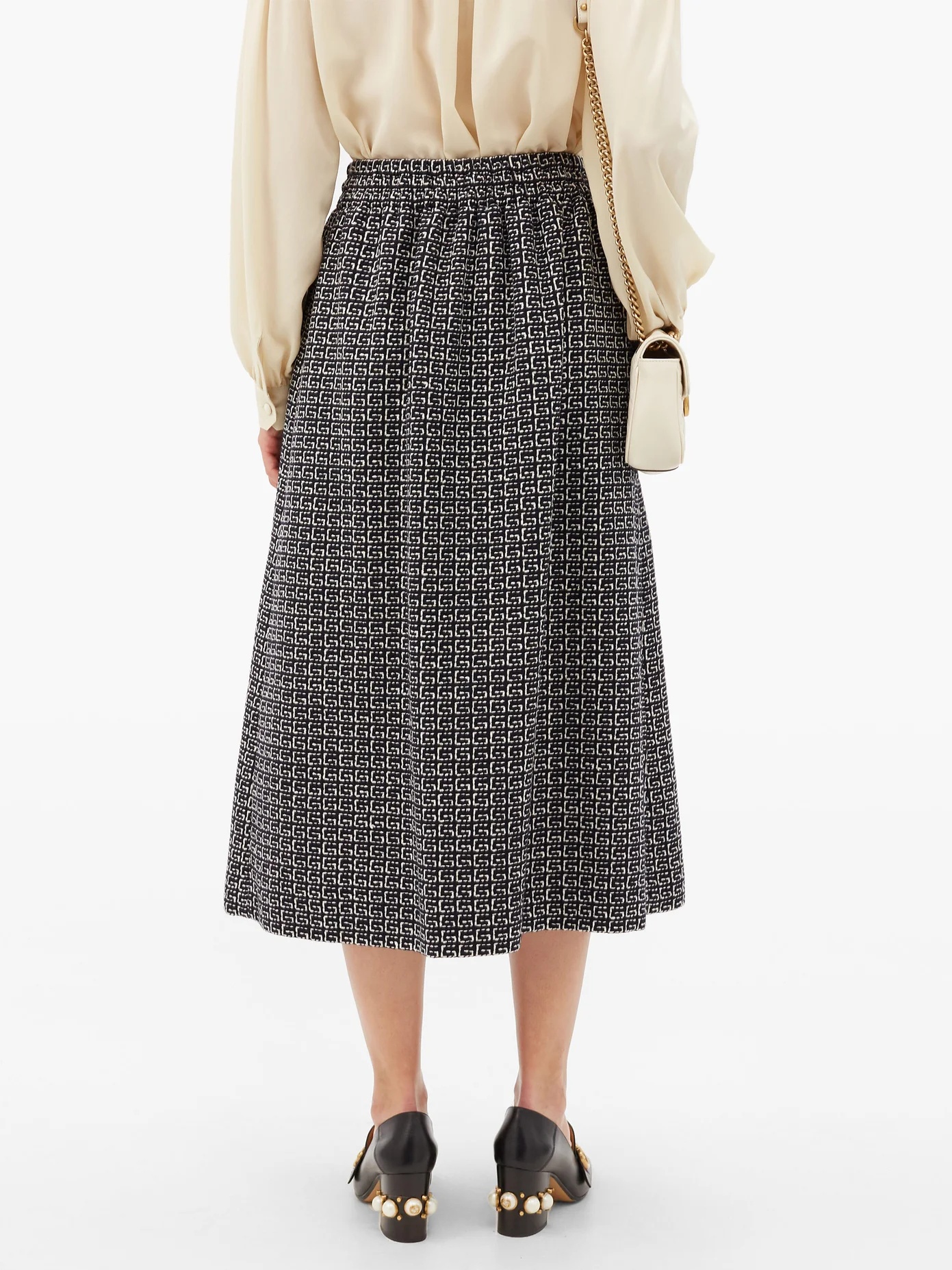 G-jacquard leather-trim tweed midi skirt - 5