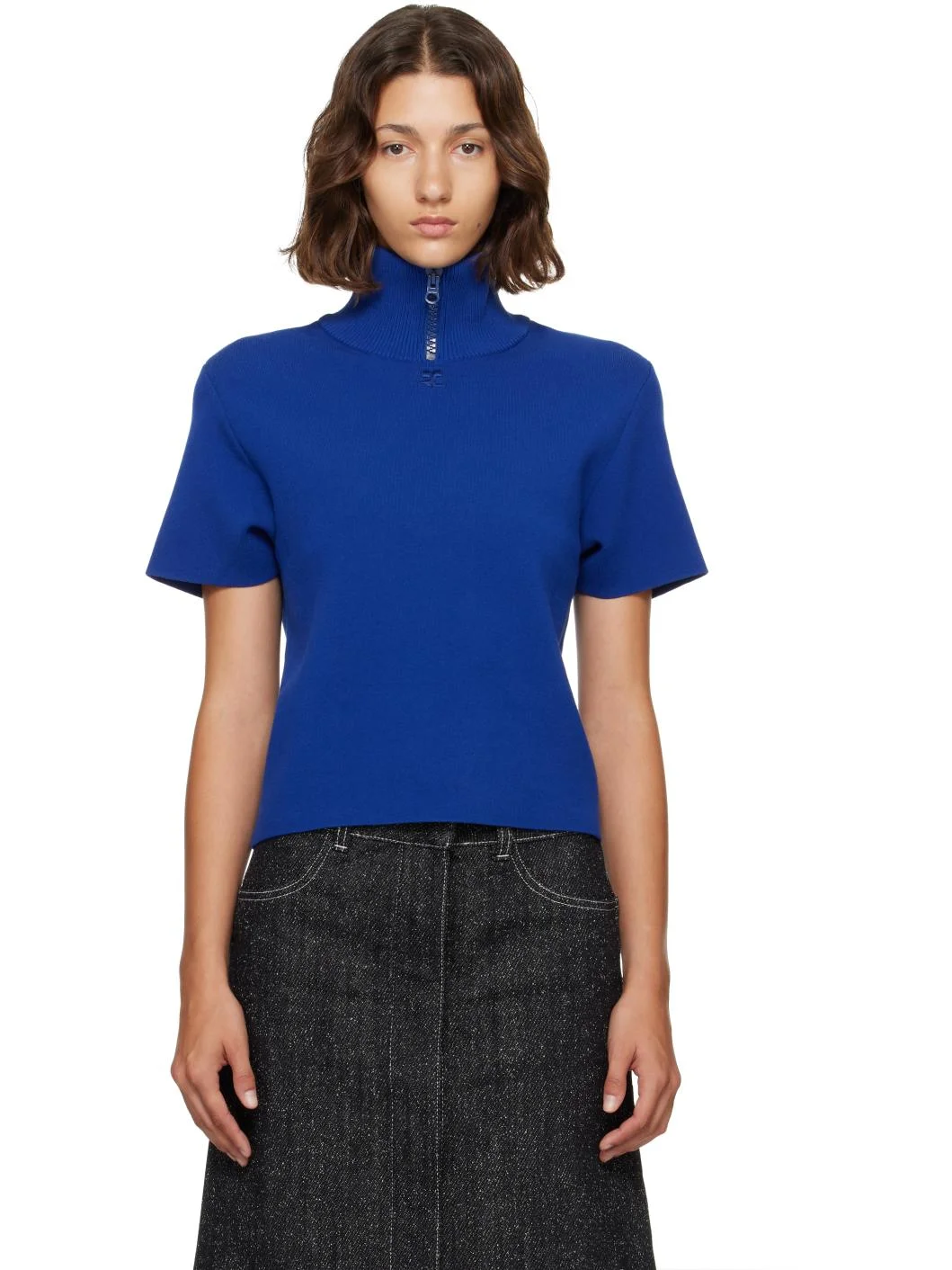Navy Ribbed Collar Milano Knit Top - 1