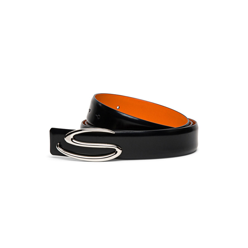 Men’s polished black leather S buckle belt 1