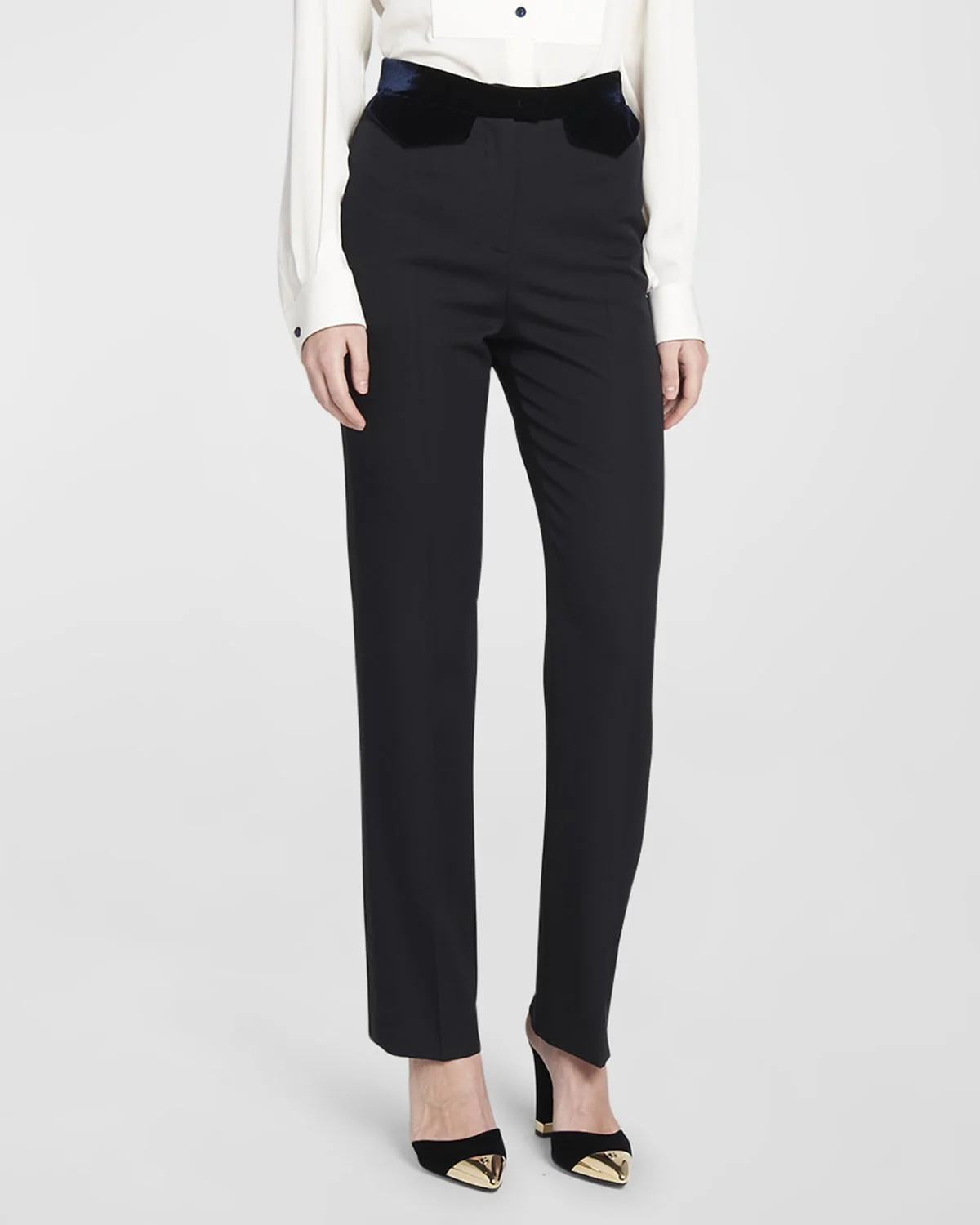 Wool Tuxedo Pants with Velvet Details - 1
