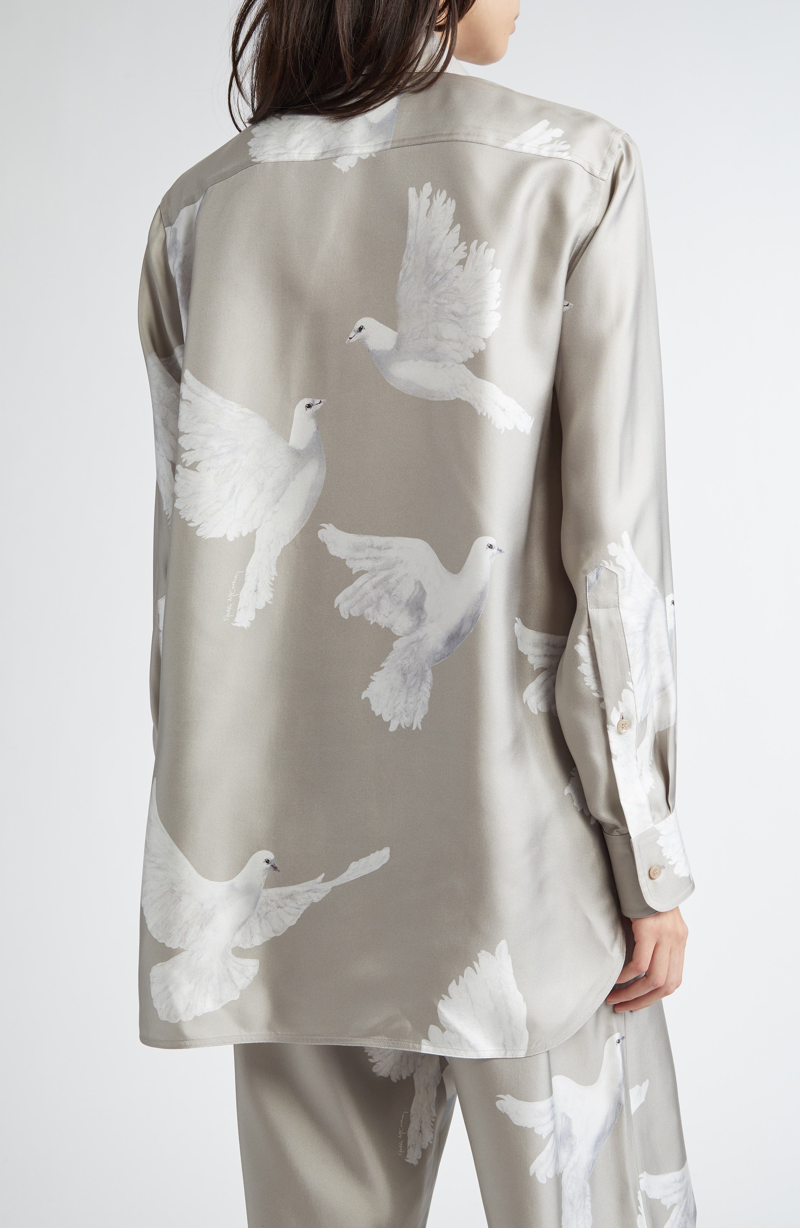 Stella McCartney Birds Print Relaxed Silk Button-Up Shirt in Mud at Nordstrom - 3
