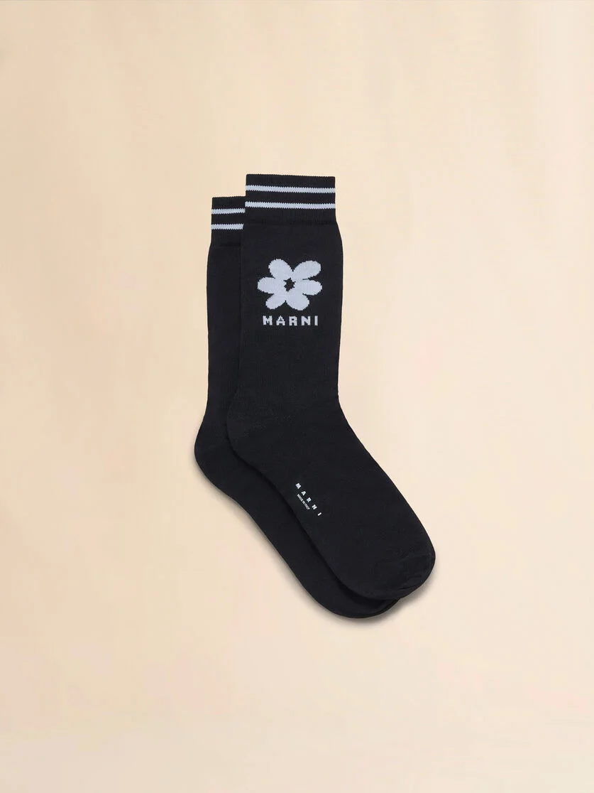 BLACK COTTON SOCKS WITH LIGHT BLUE JACQUARD FLOWER DETAIL - 1