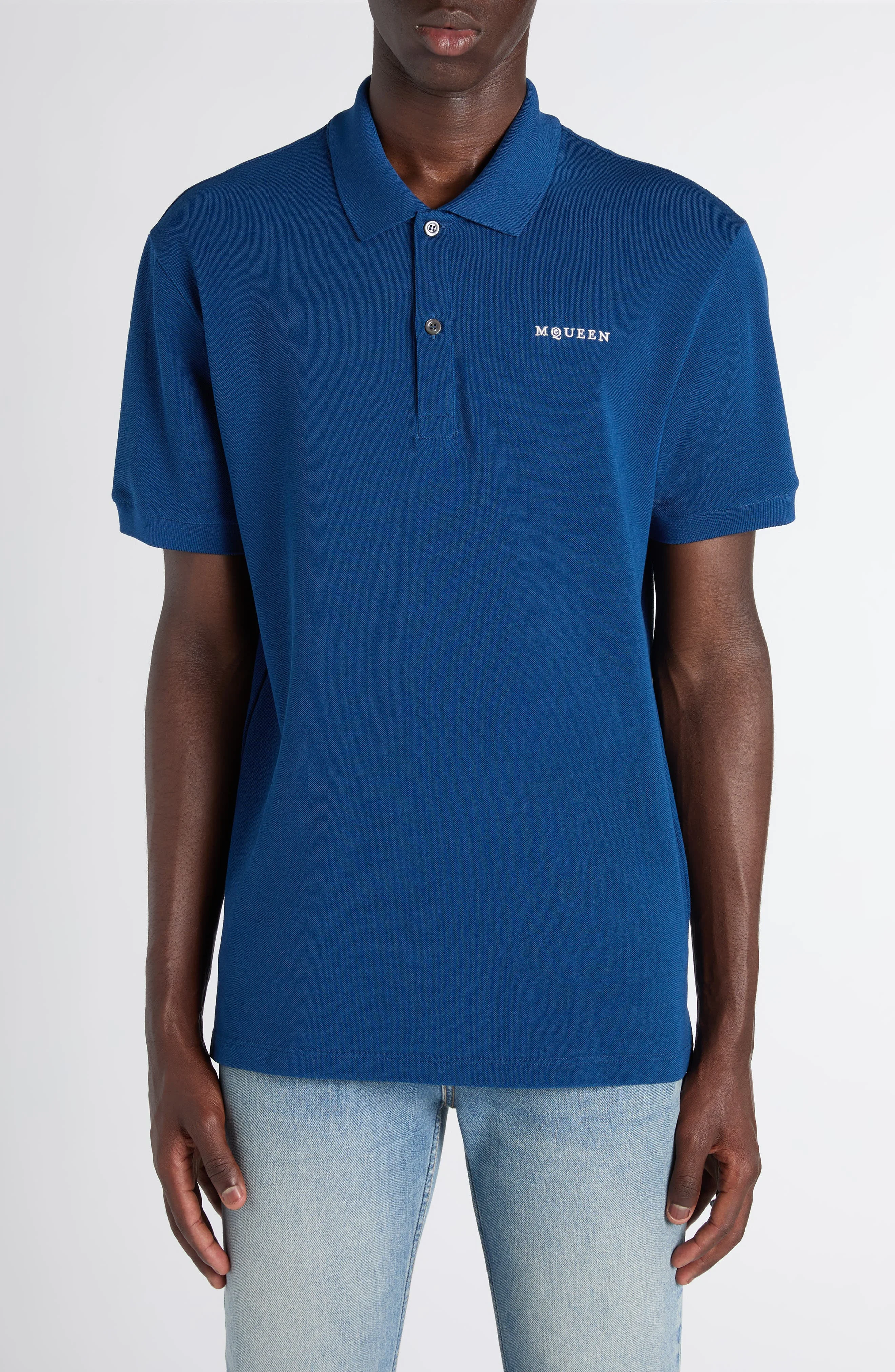 McQueen Embroidered Logo Cotton Piqué Polo in Royal Blue at Nordstrom - 1