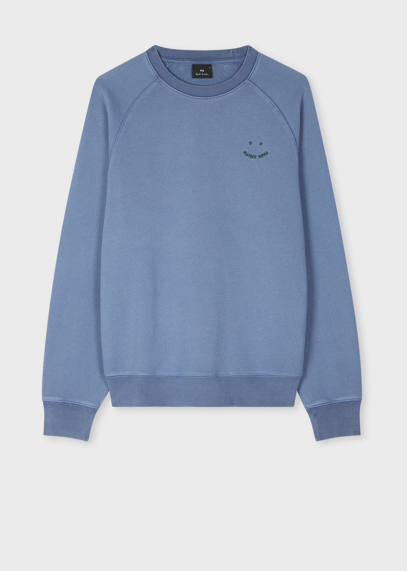 Washed Blue Cotton 'Happy' Sweatshirt 1