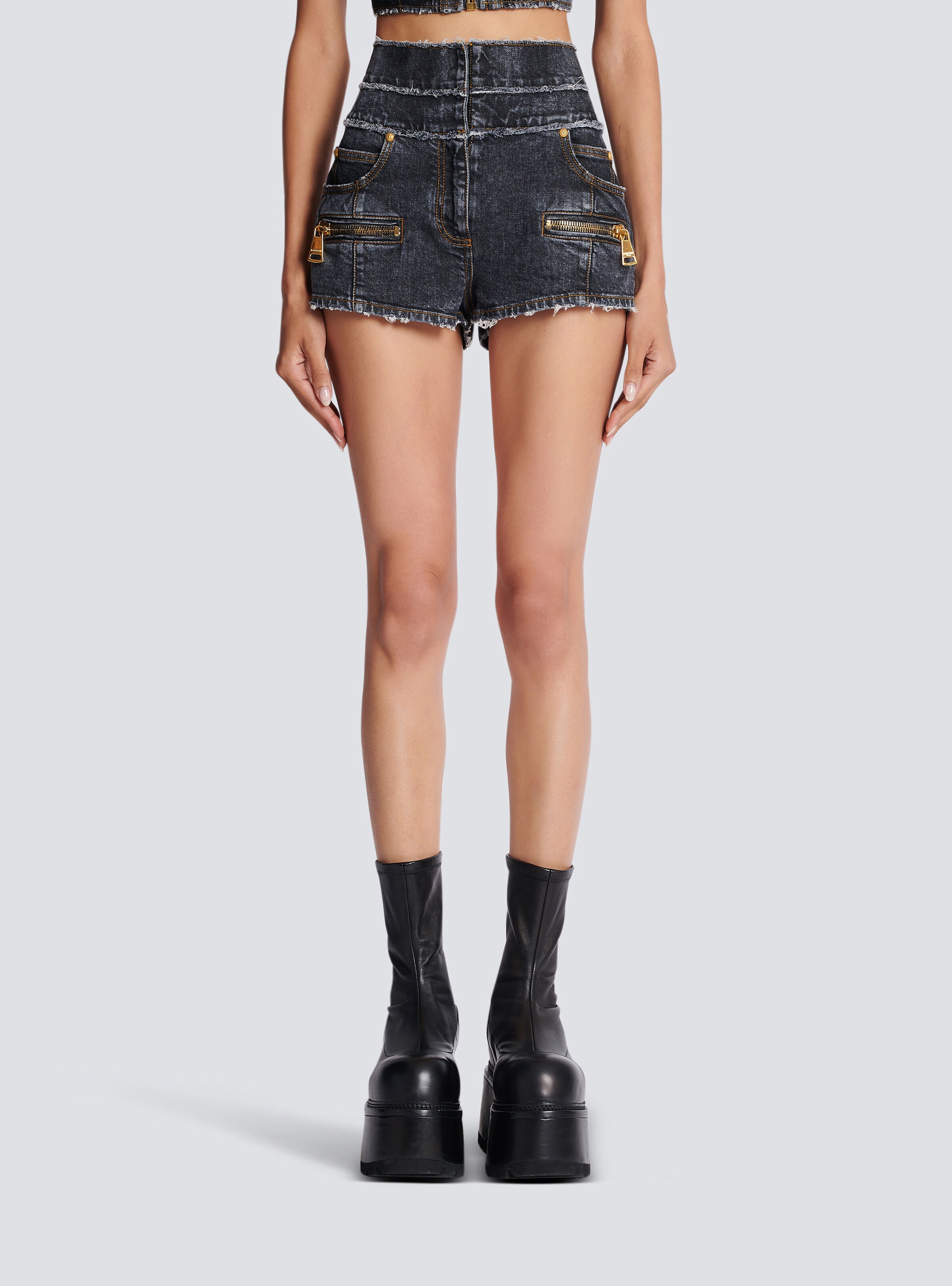 High-waisted faded denim mini-shorts - 5