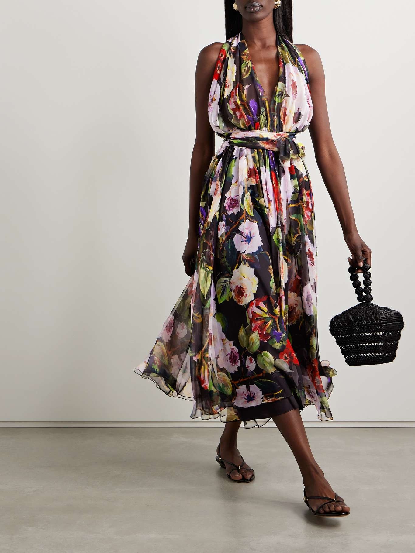 Gathered floral-print silk-chiffon halterneck midi dress - 2