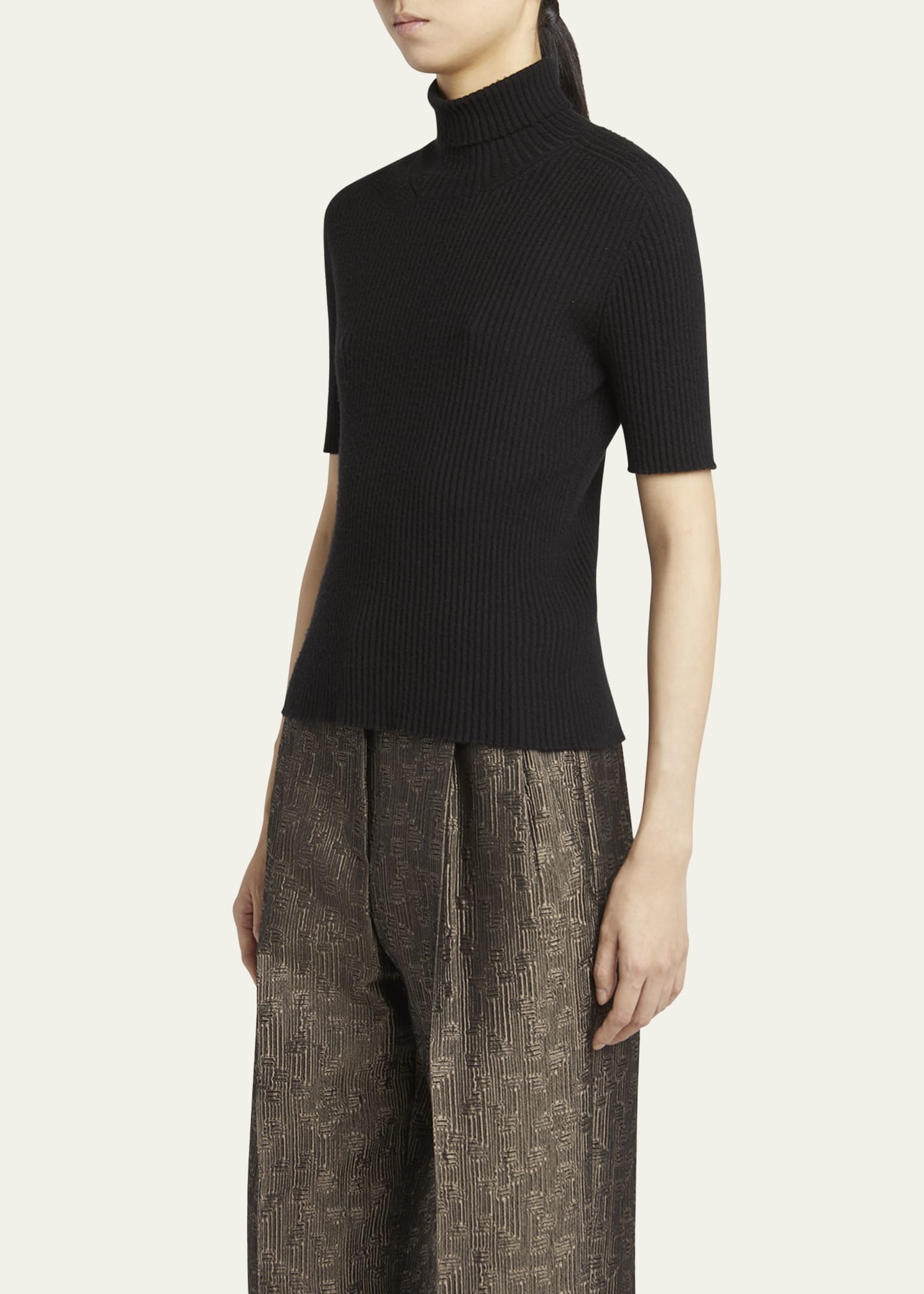 Turtleneck Short-Sleeve Cashmere Rib Sweater - 4