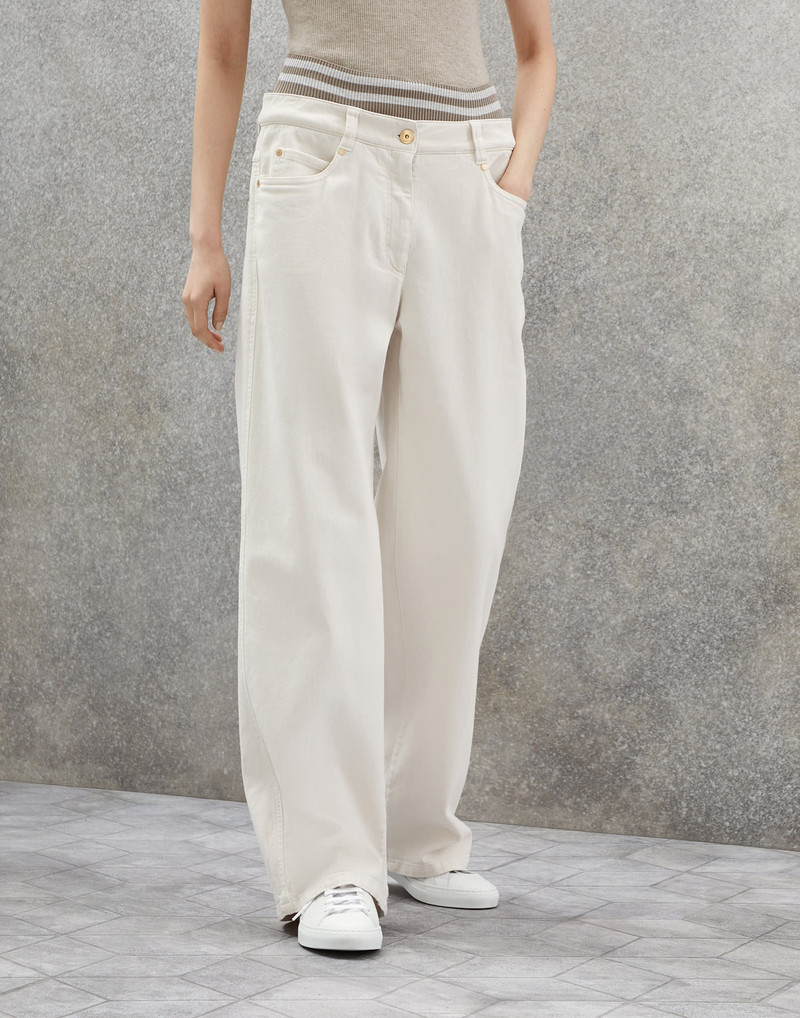 Dyed comfort denim loose five-pocket trousers with striped knit insert and shiny bartack 1