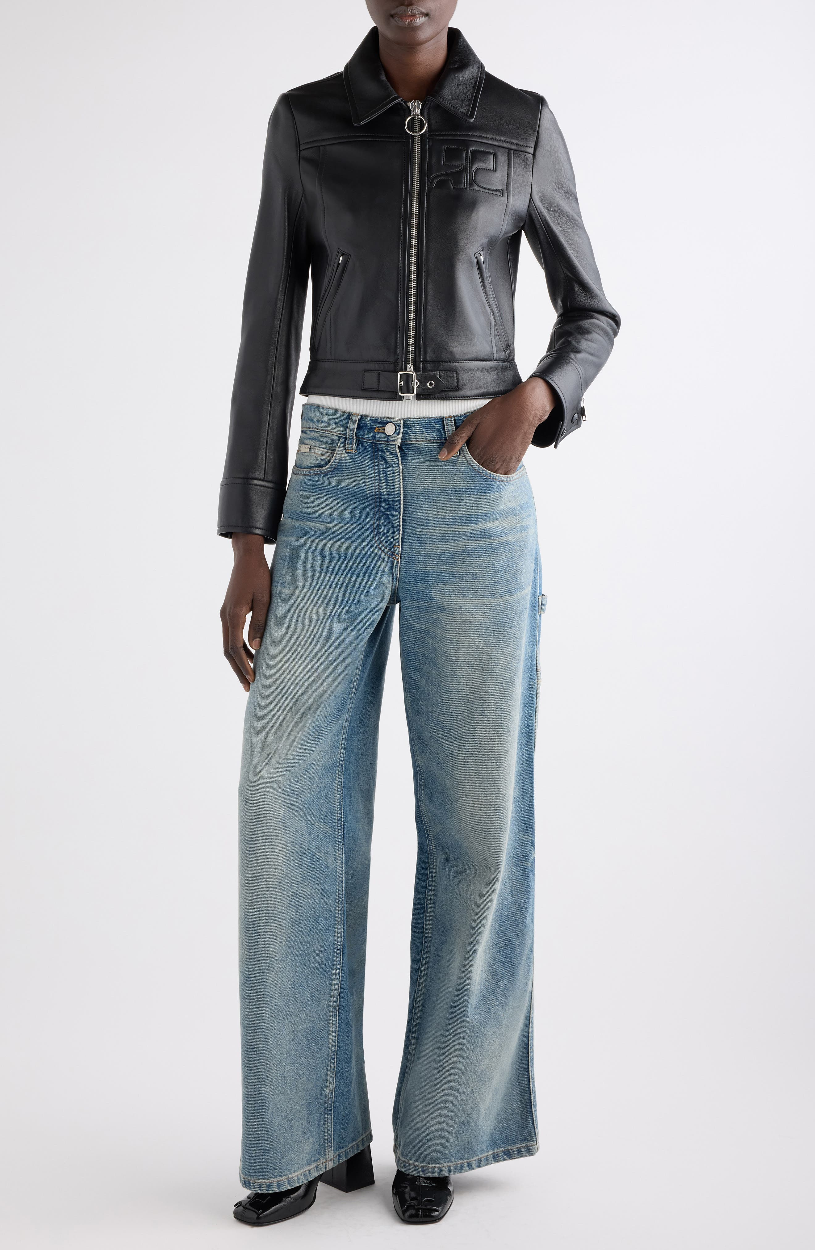 Courrèges Iconic Zip Lambskin Leather Jacket in Black at Nordstrom - 2