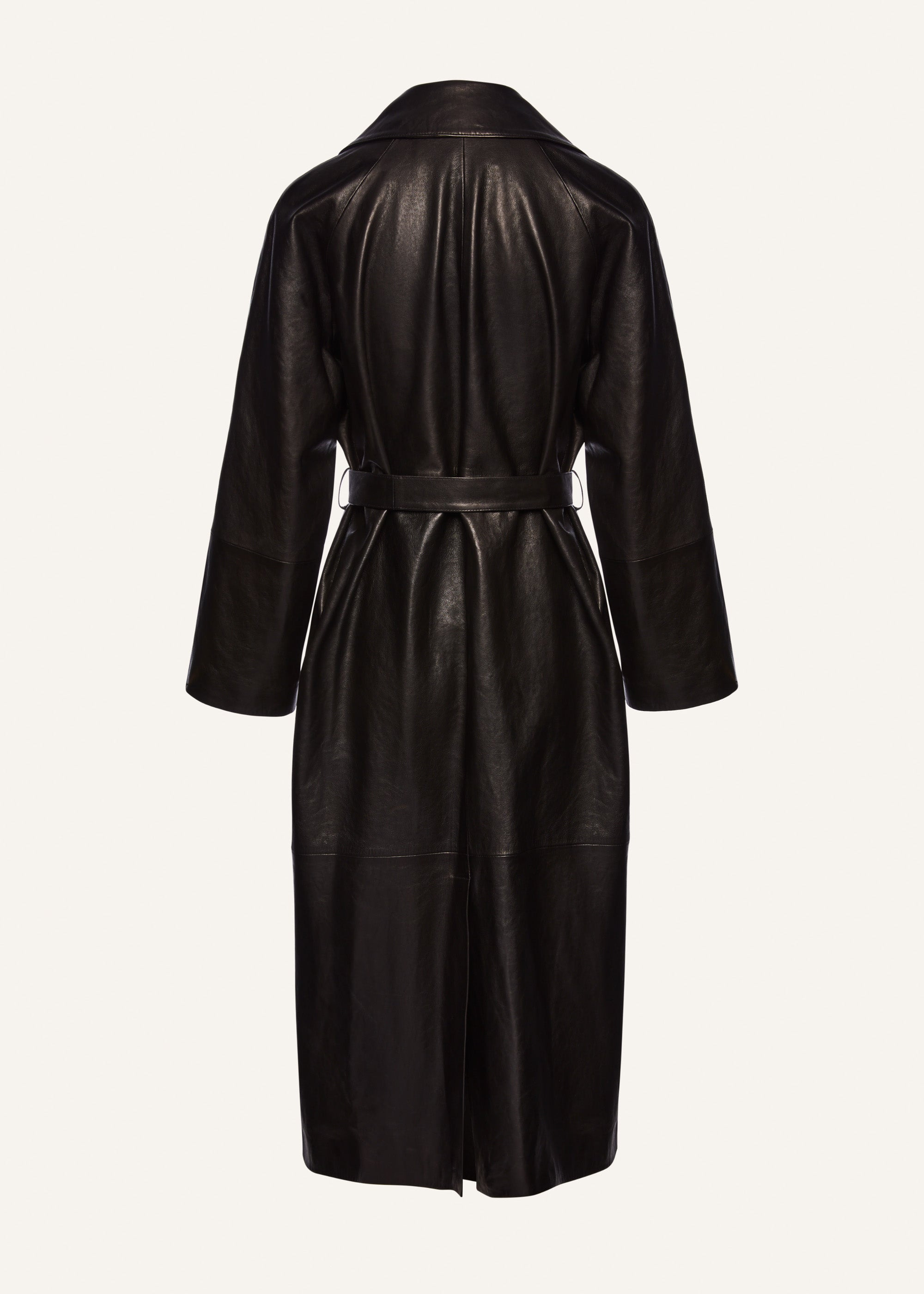 Belted leather wrap coat in black - 2