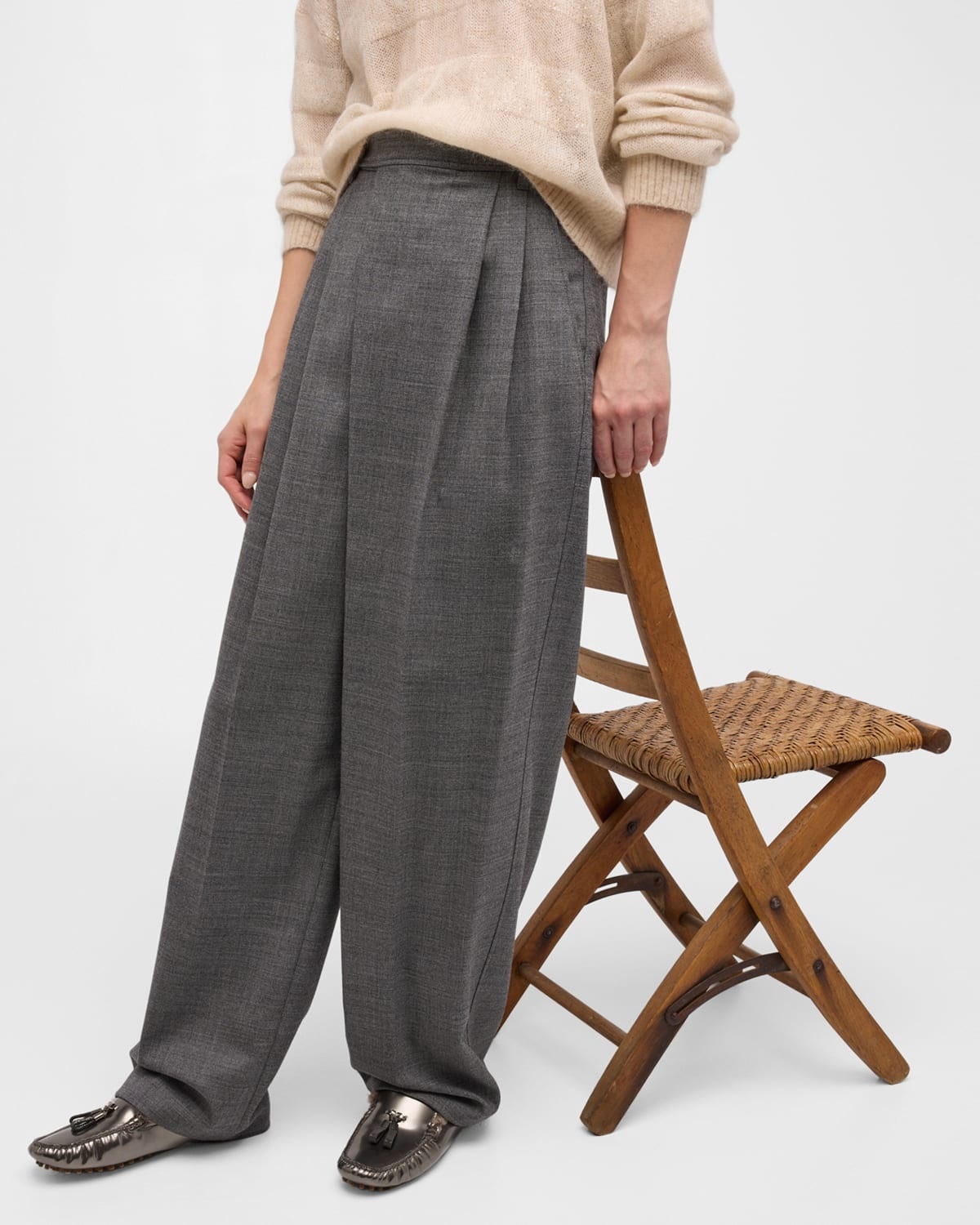 Stretch Wool Grisaille Crossover-Waist Wide-Leg Trousers - 7