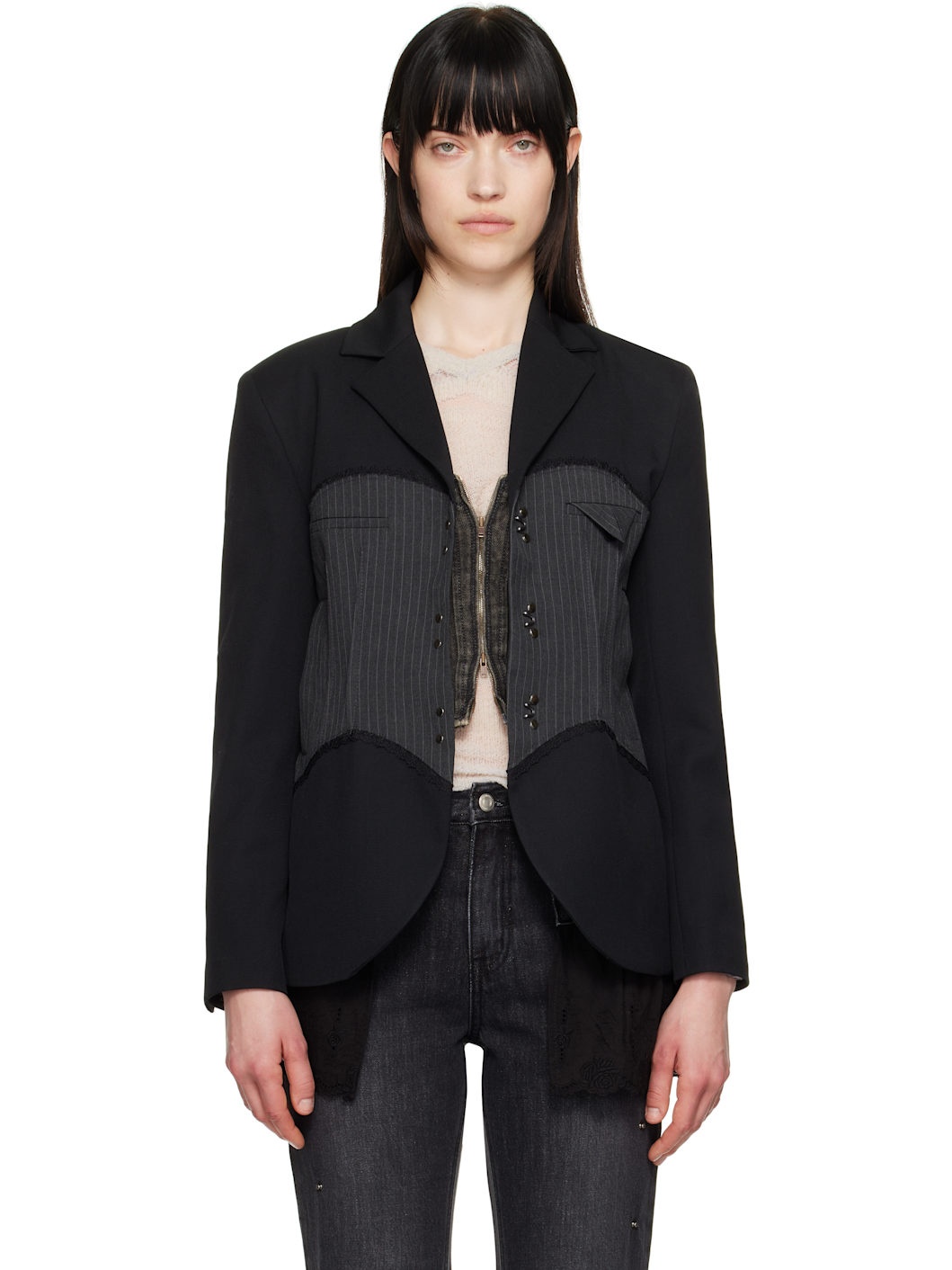 Black Corset Inserted Blazer - 1