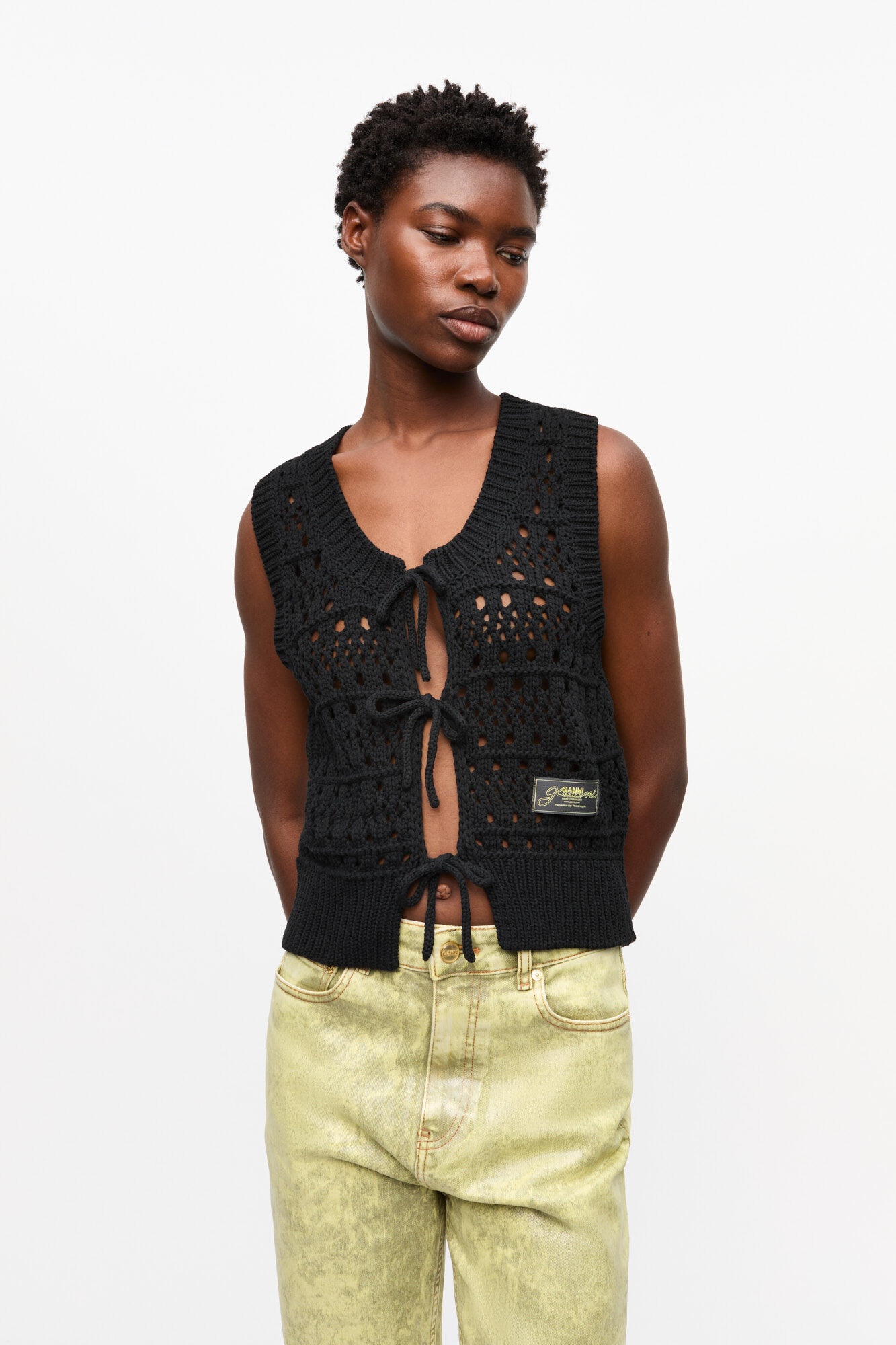 BLACK CROCHET TIE STRING VEST - 2