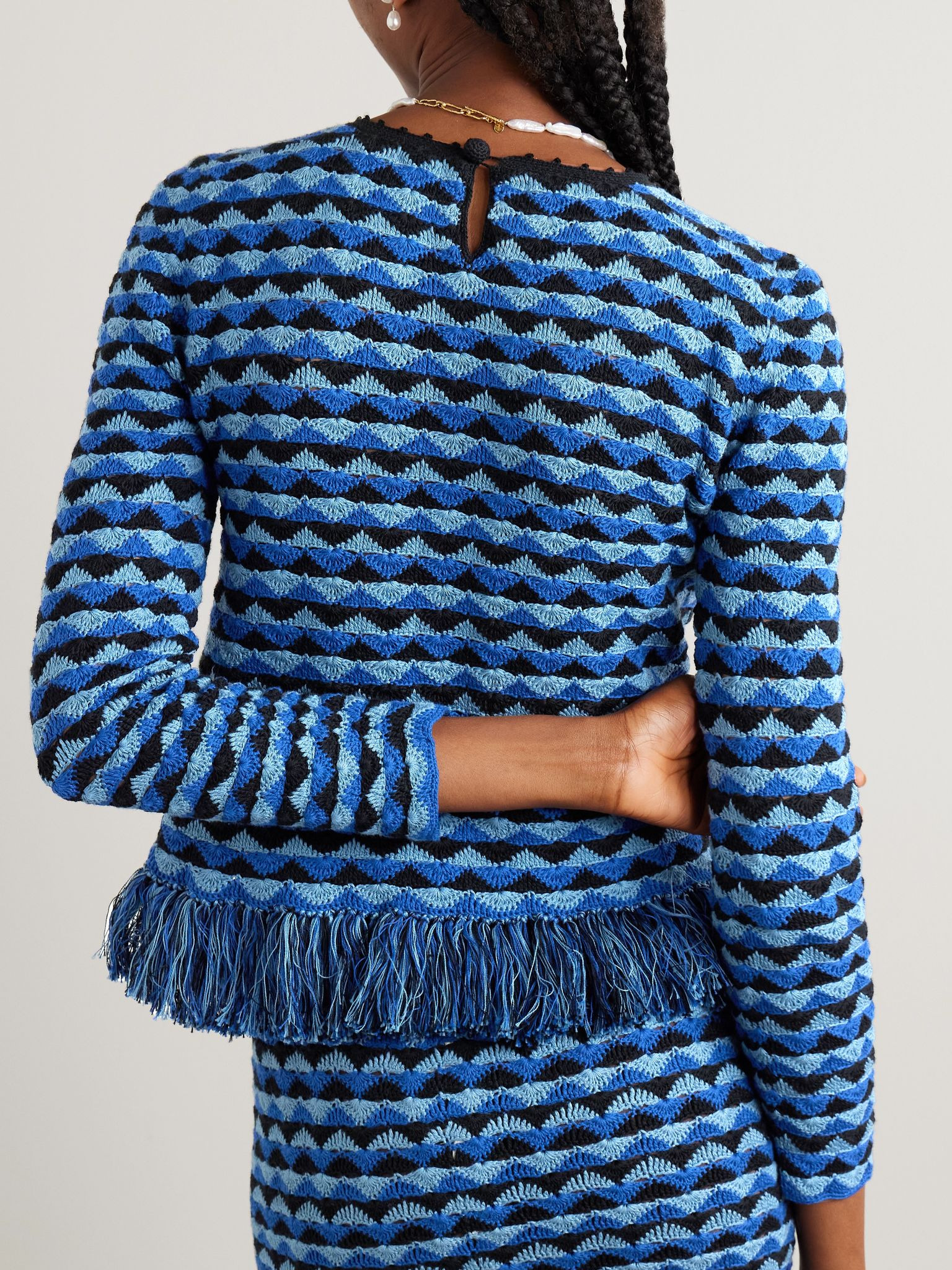 Profundo fringed crocheted cotton sweater Blue - 3