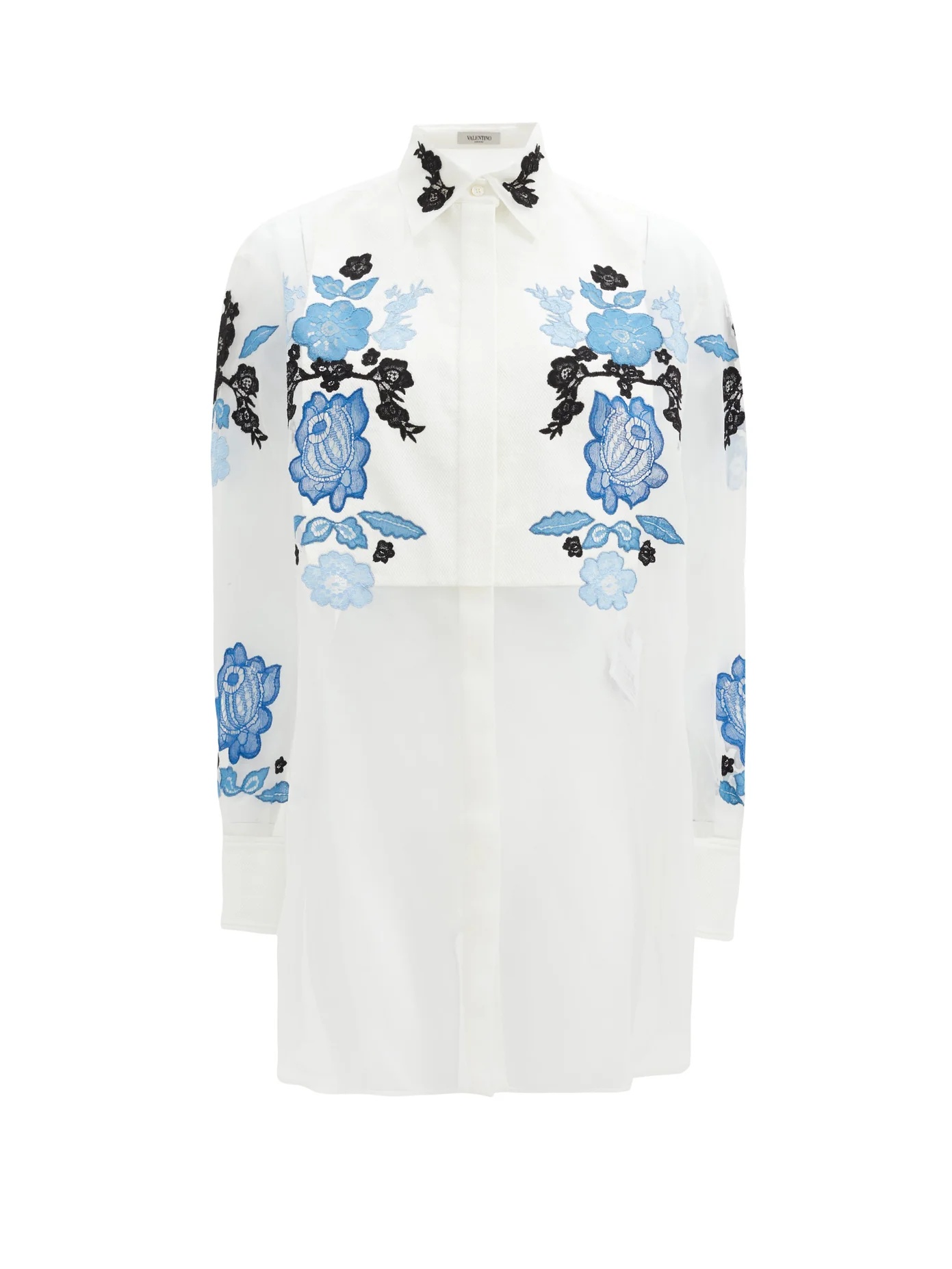 Floral lace-embroidered silk-organza shirt - 1