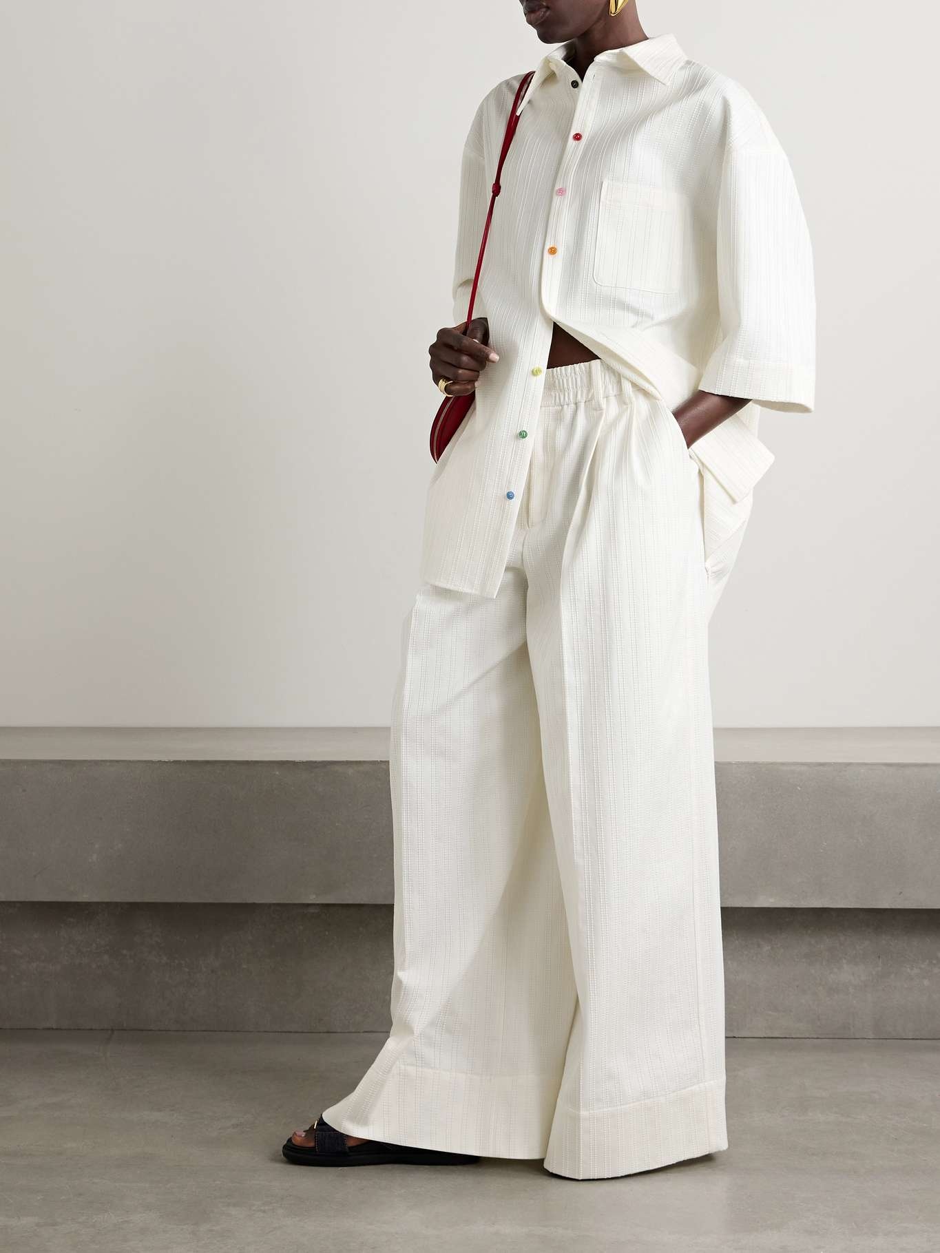 Pleated embroidered cotton wide-leg pants - 2