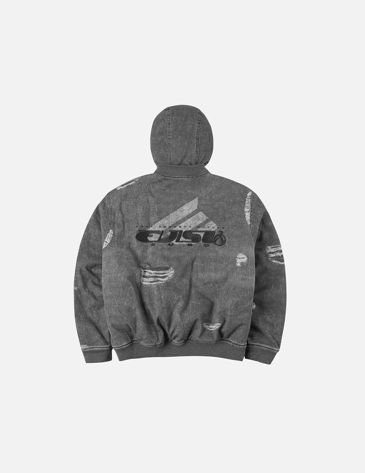 Distressed Print with Logo Embroidery Loose Fit Padded Boomer Jacket - 3