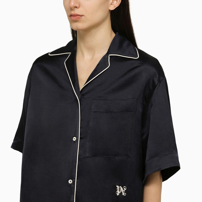 Palm Angels Navy Blue Linen Blend Shirt Women - 4