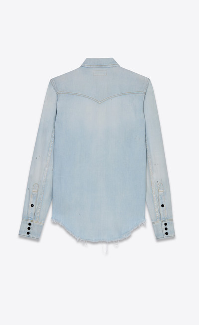 SAINT LAURENT destroyed classic western shirt in dirty sky blue denim outlook