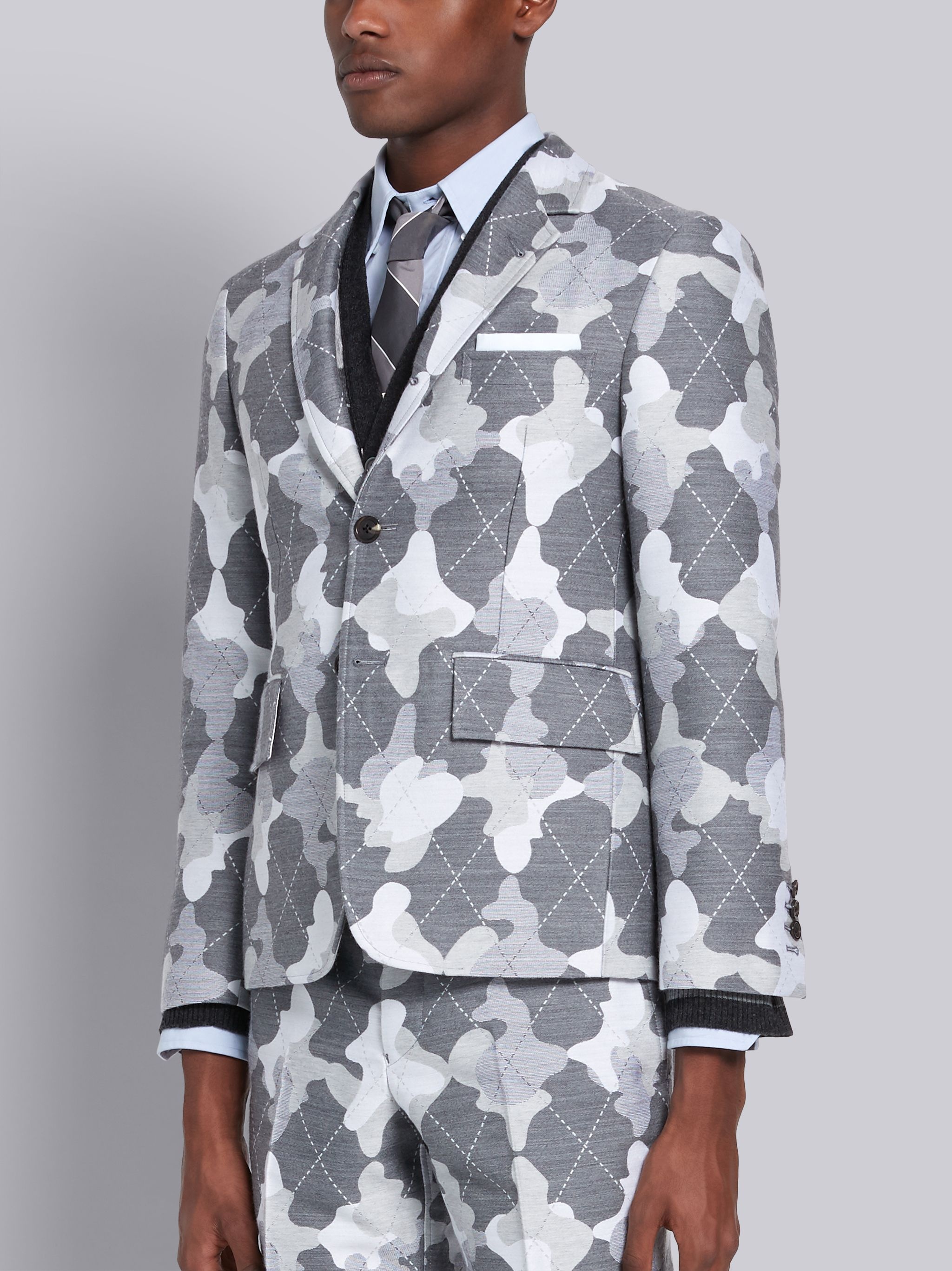 Medium Grey Wool Argyle Camo Print Classic Sport Coat - 3