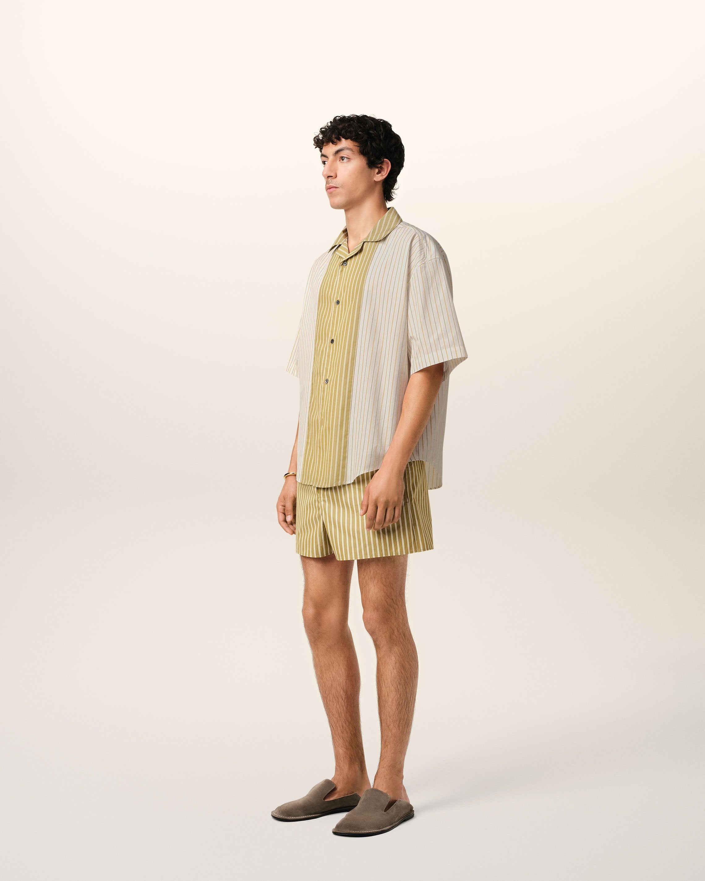 WHITE AND KHAKI COTTON SHORT SLEEVE BOXY SHIRT - 6
