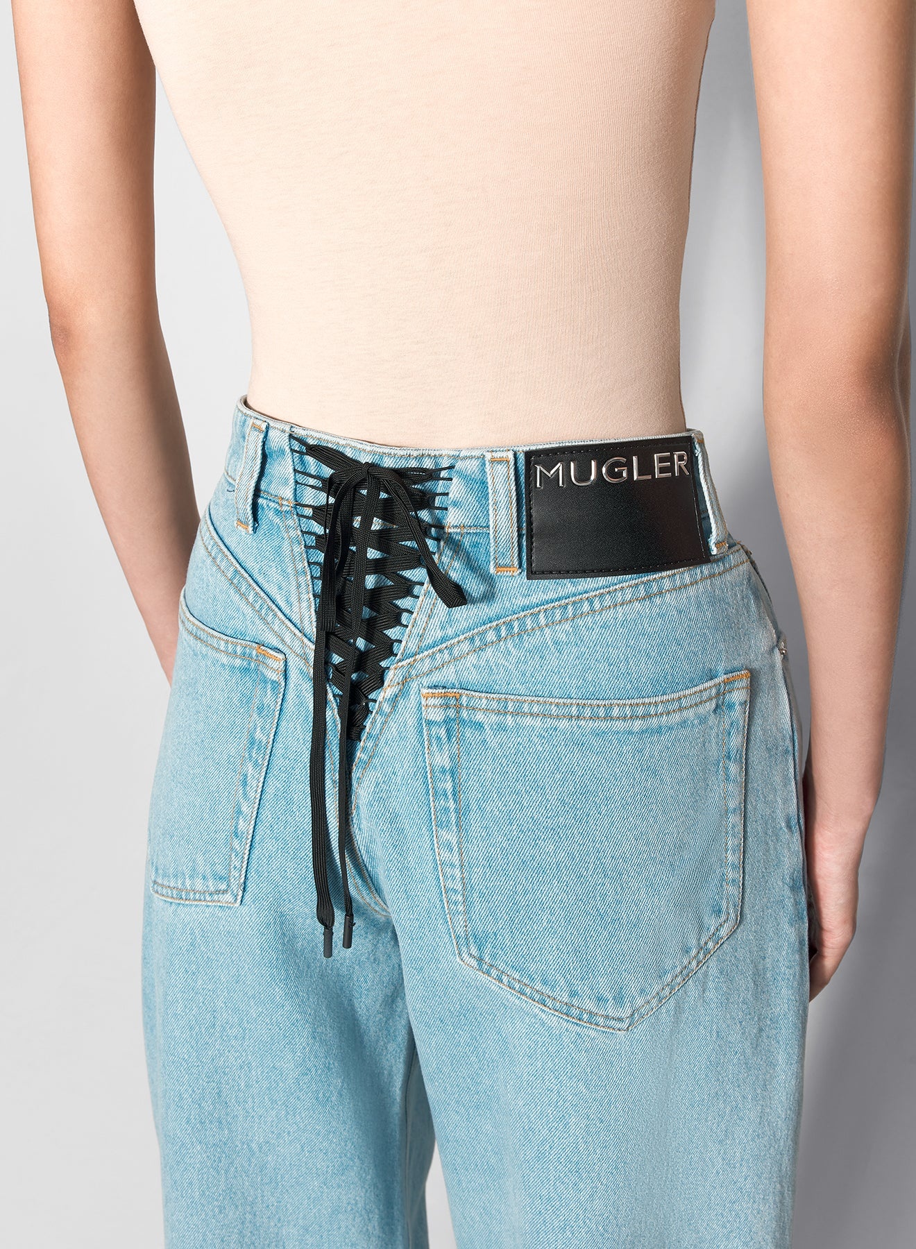 blue laced-up wide-leg jeans - 4