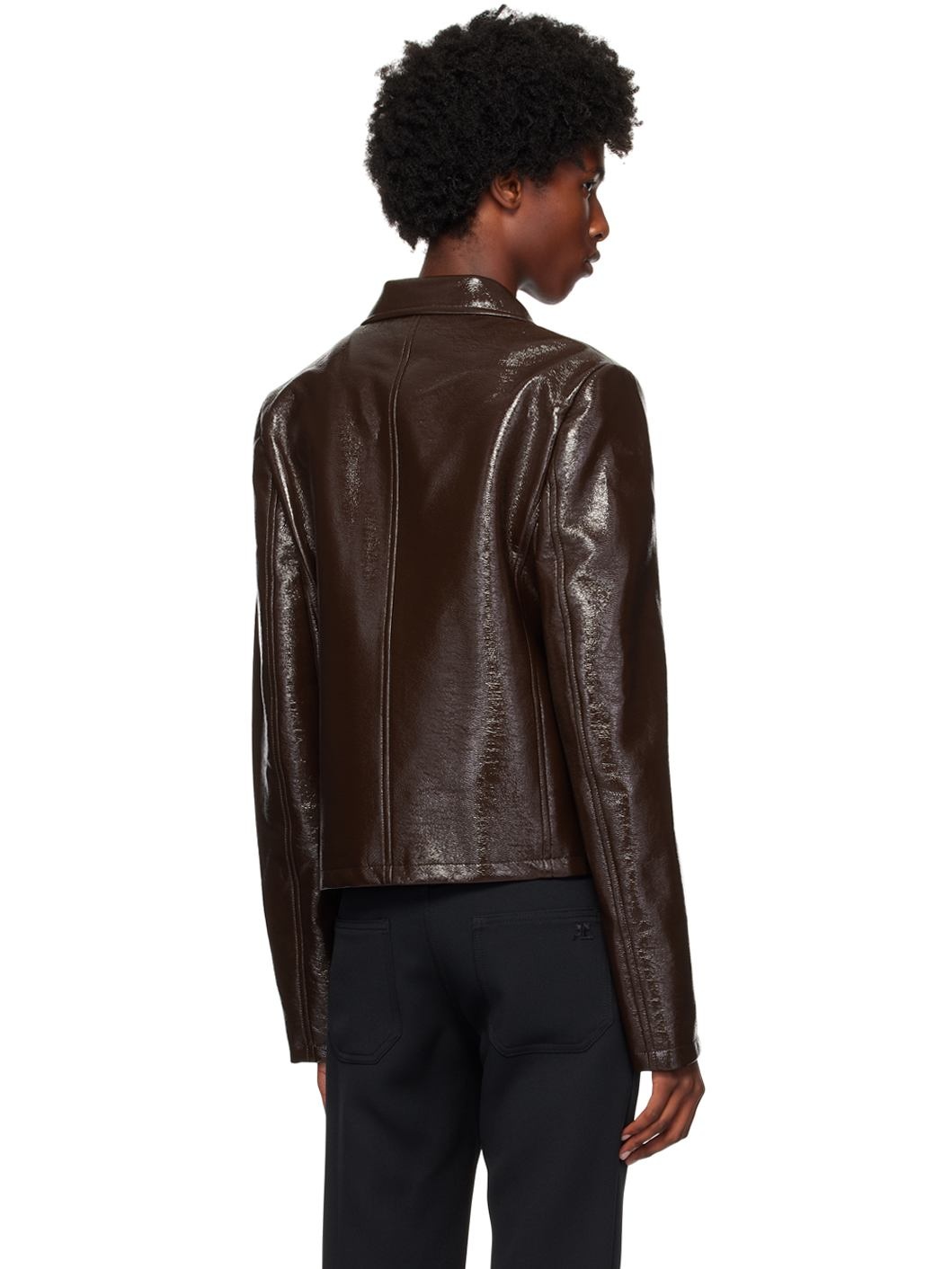 Brown Zipped Vinyl Biker Jacket - 3