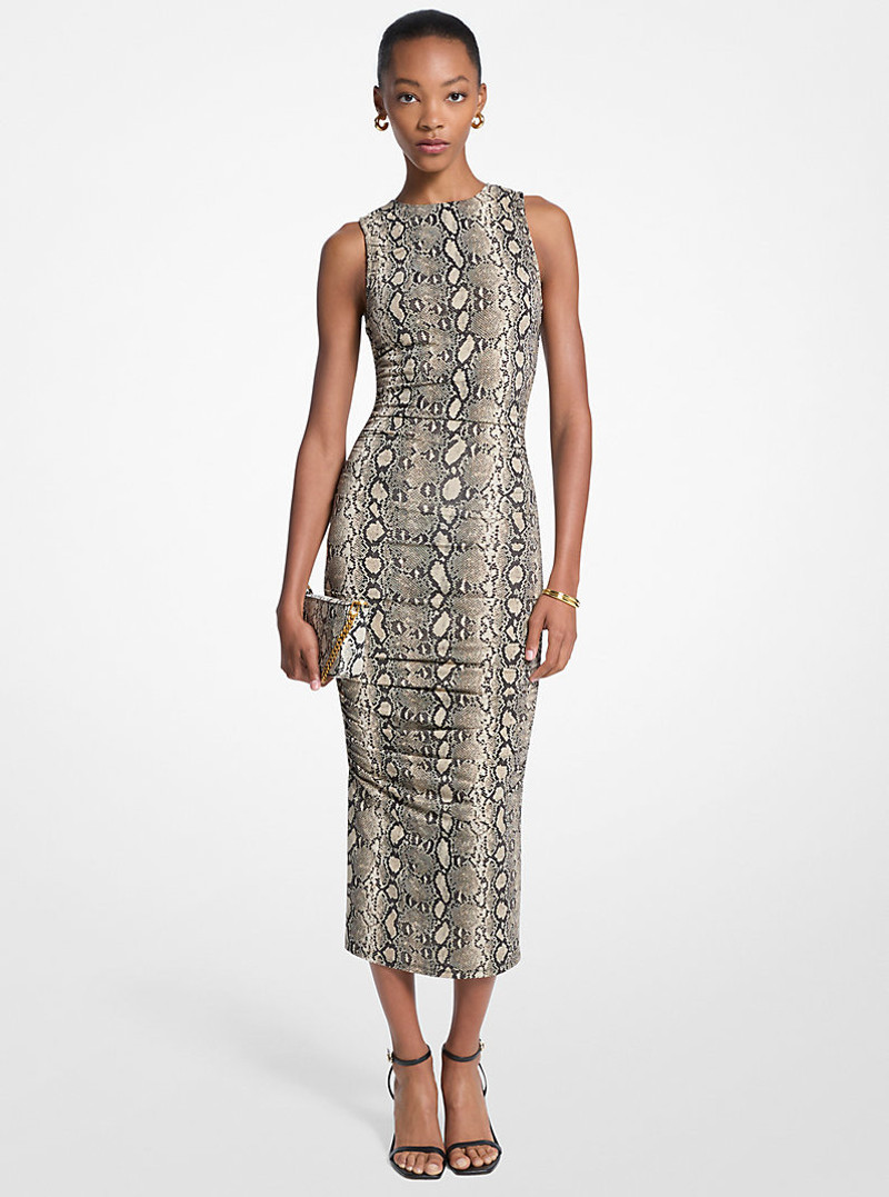 Snake Print Stretch Jersey Ruched Midi Dress 1
