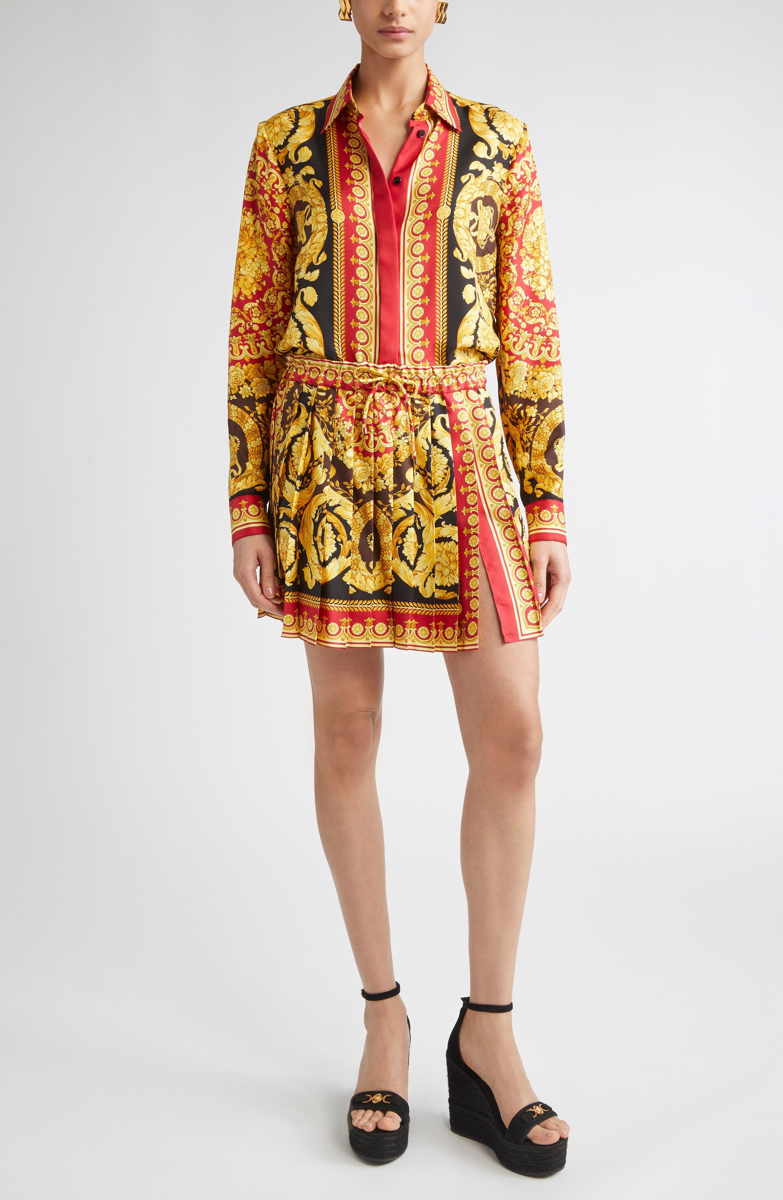 Versace Barocco 92 Pleated Silk Twill Skirt in Parade Red Black at Nordstrom - 2