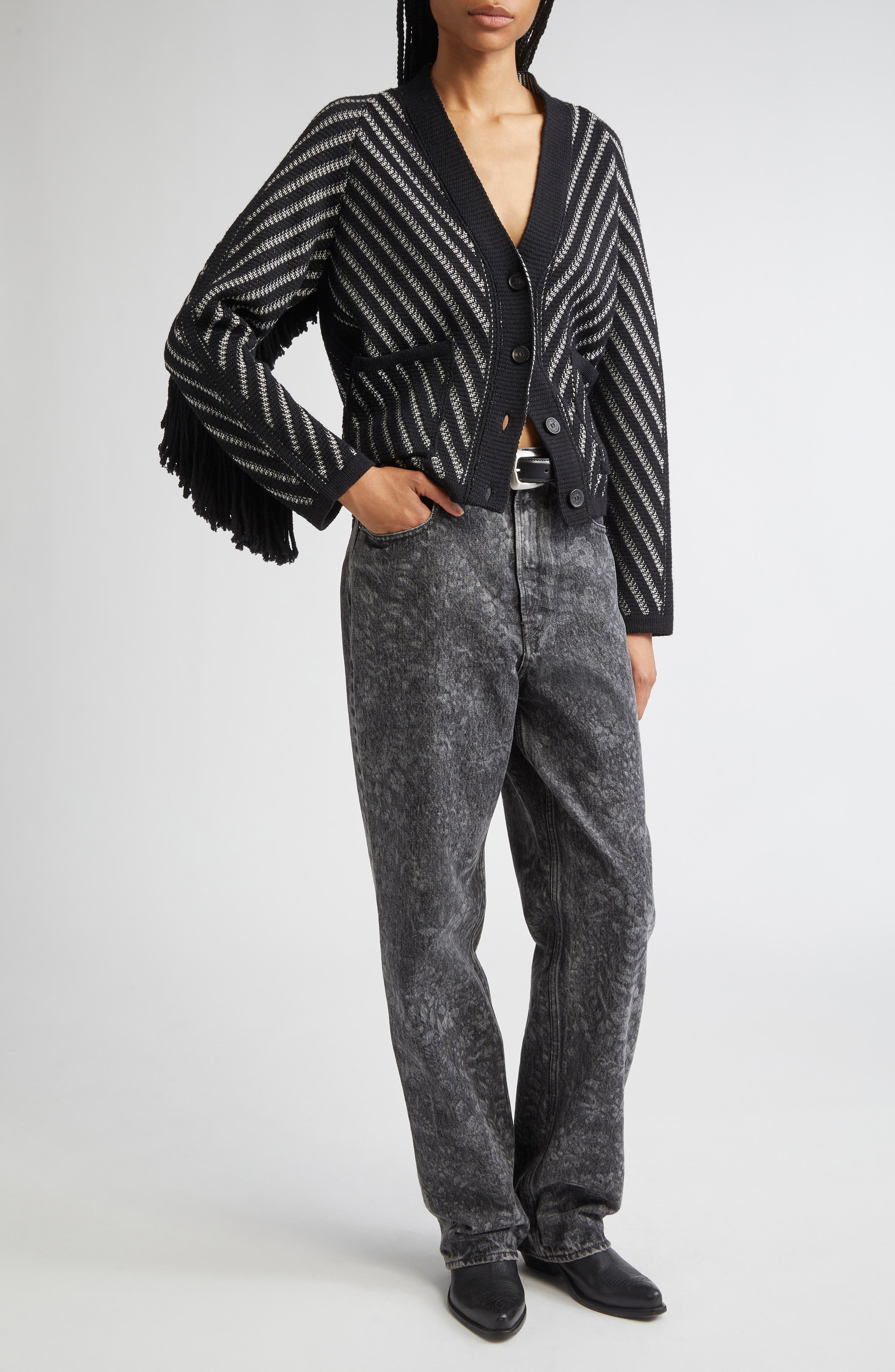 Golden Goose Journey Olivia Fringe Trim Virgin Wool Cardigan in Black/White at Nordstrom - 2