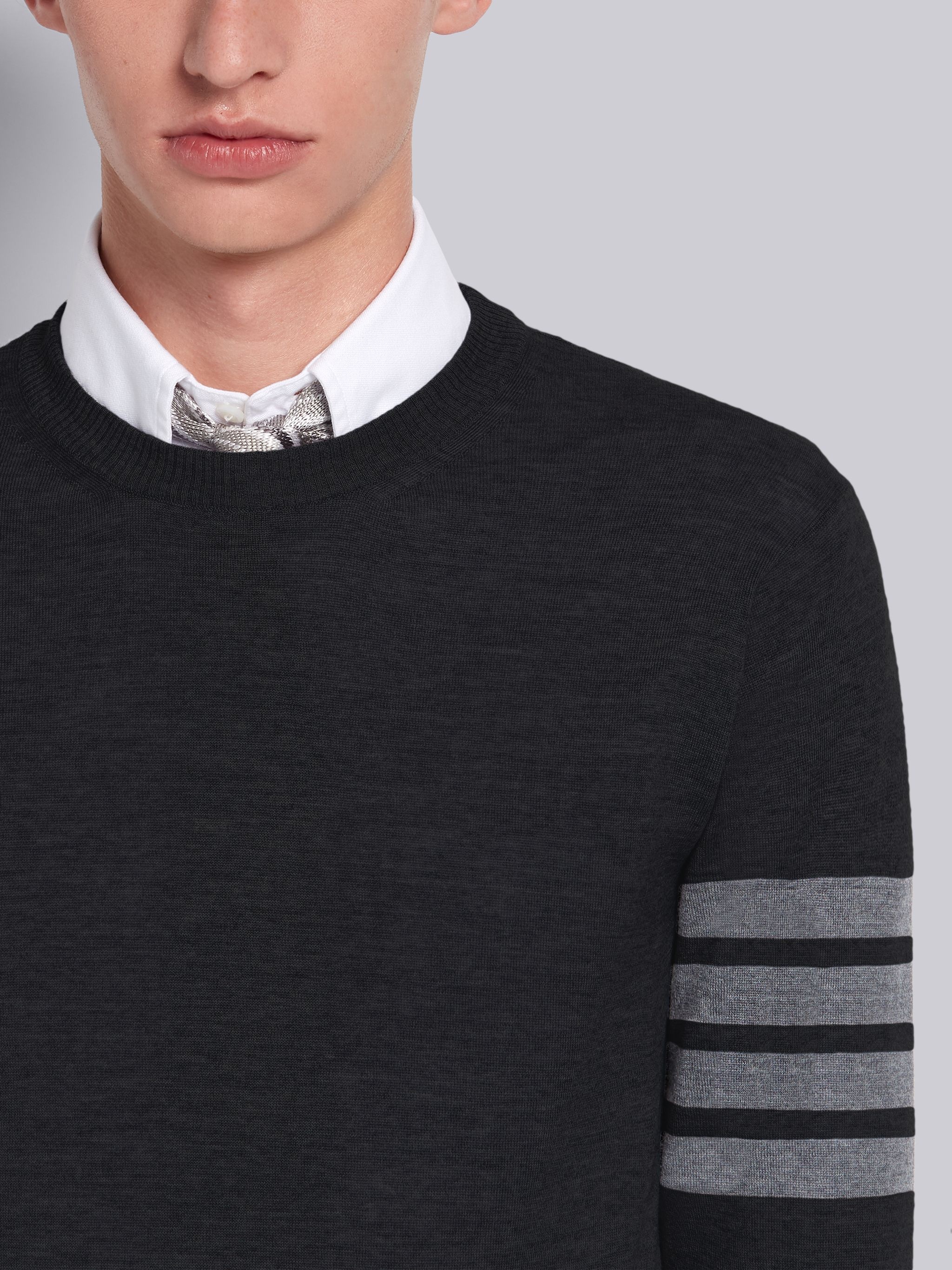 Black Fine Merino Wool 4-Bar Classic Crewneck Pullover - 5