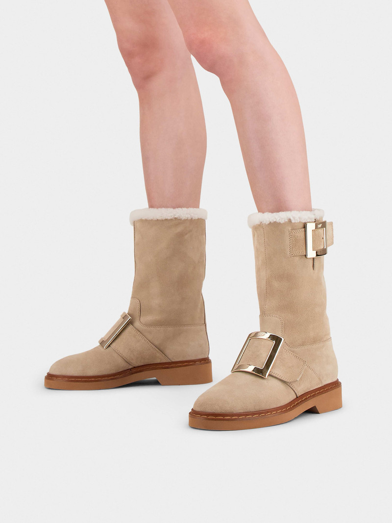 Roger Vivier Viv' Rangers Metal Buckle Shearling Biker Boots in Suede outlook