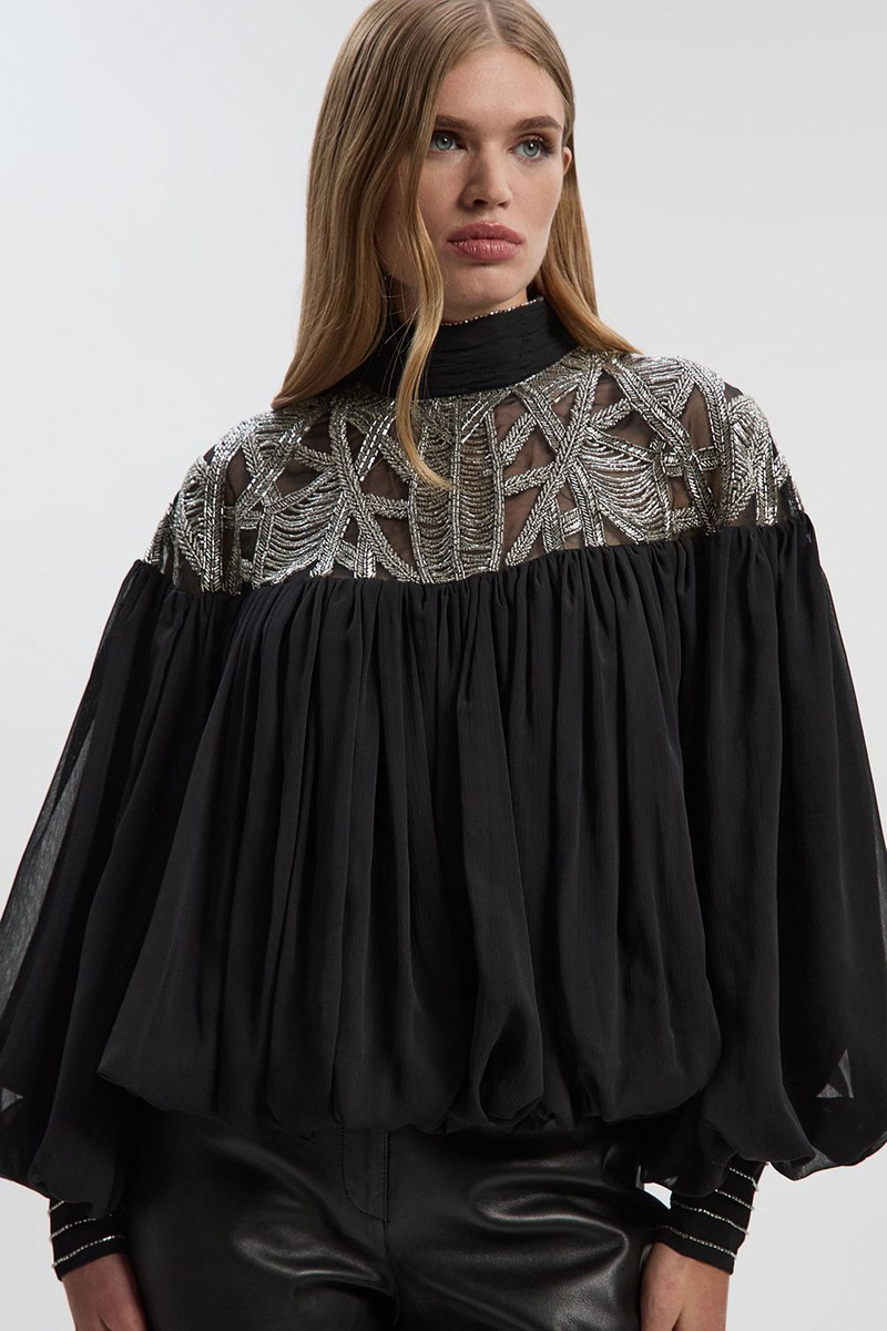Crystal Embellished Cutwork Cape Detail Woven Drama Blouse 3