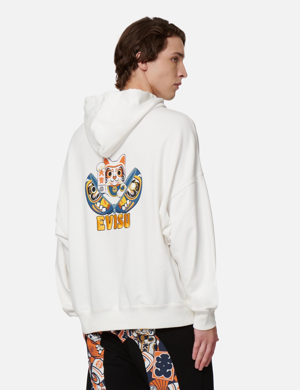 ZIP-UP DARUMA AND FORTUNE CAT PRINT HOODED SWEATSHIRT - 7