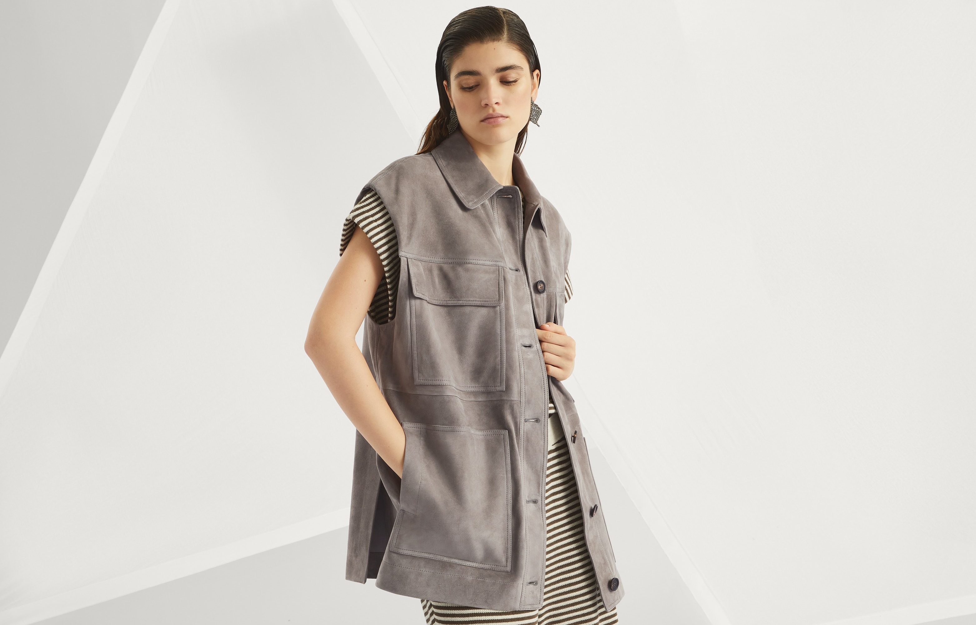 Couture suede four-pocket vest with monili - 6