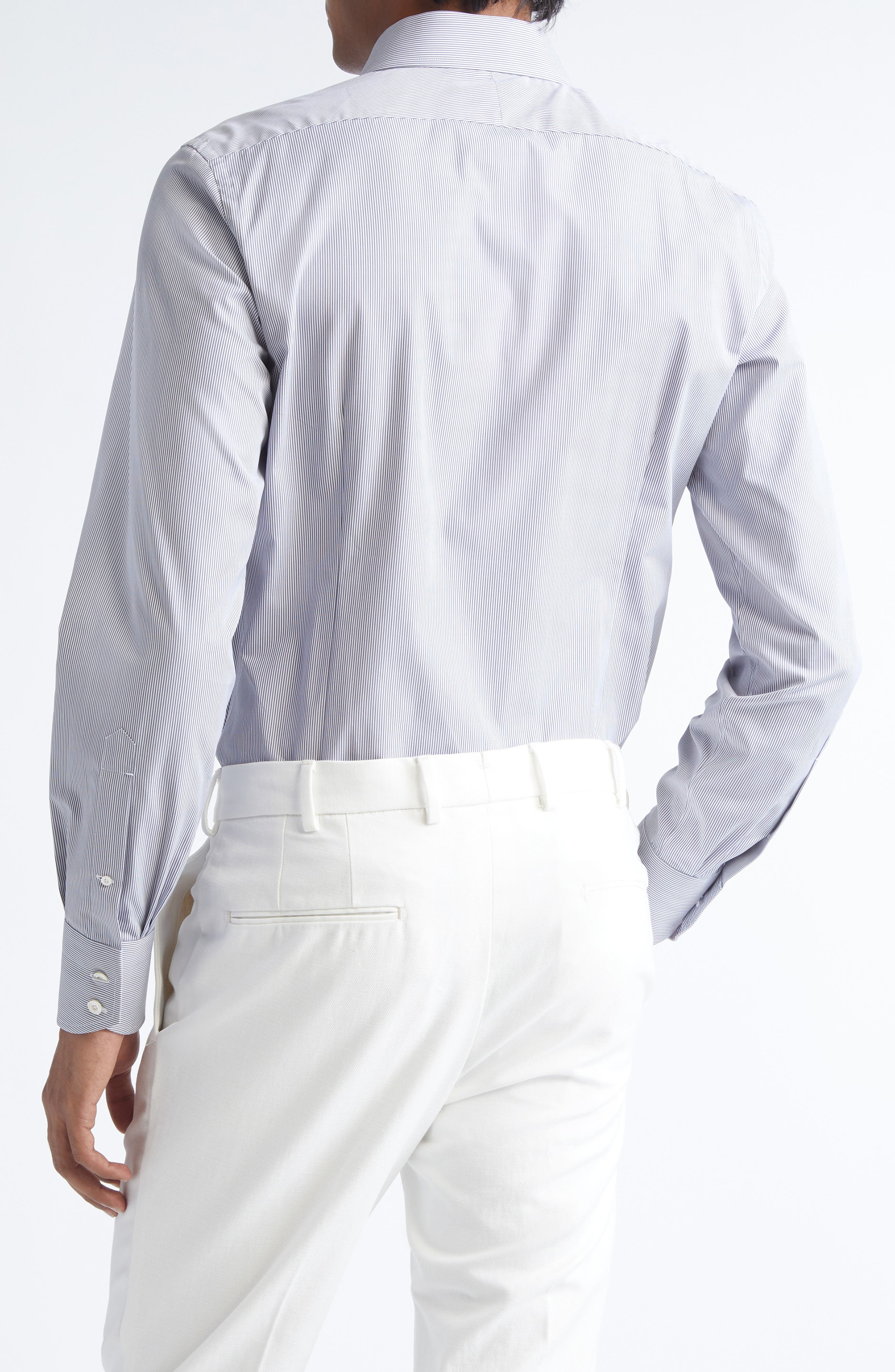 TOM FORD Classic Fit Stripe Peached Cotton Button-Up Shirt in White/Light Grey at Nordstrom - 2