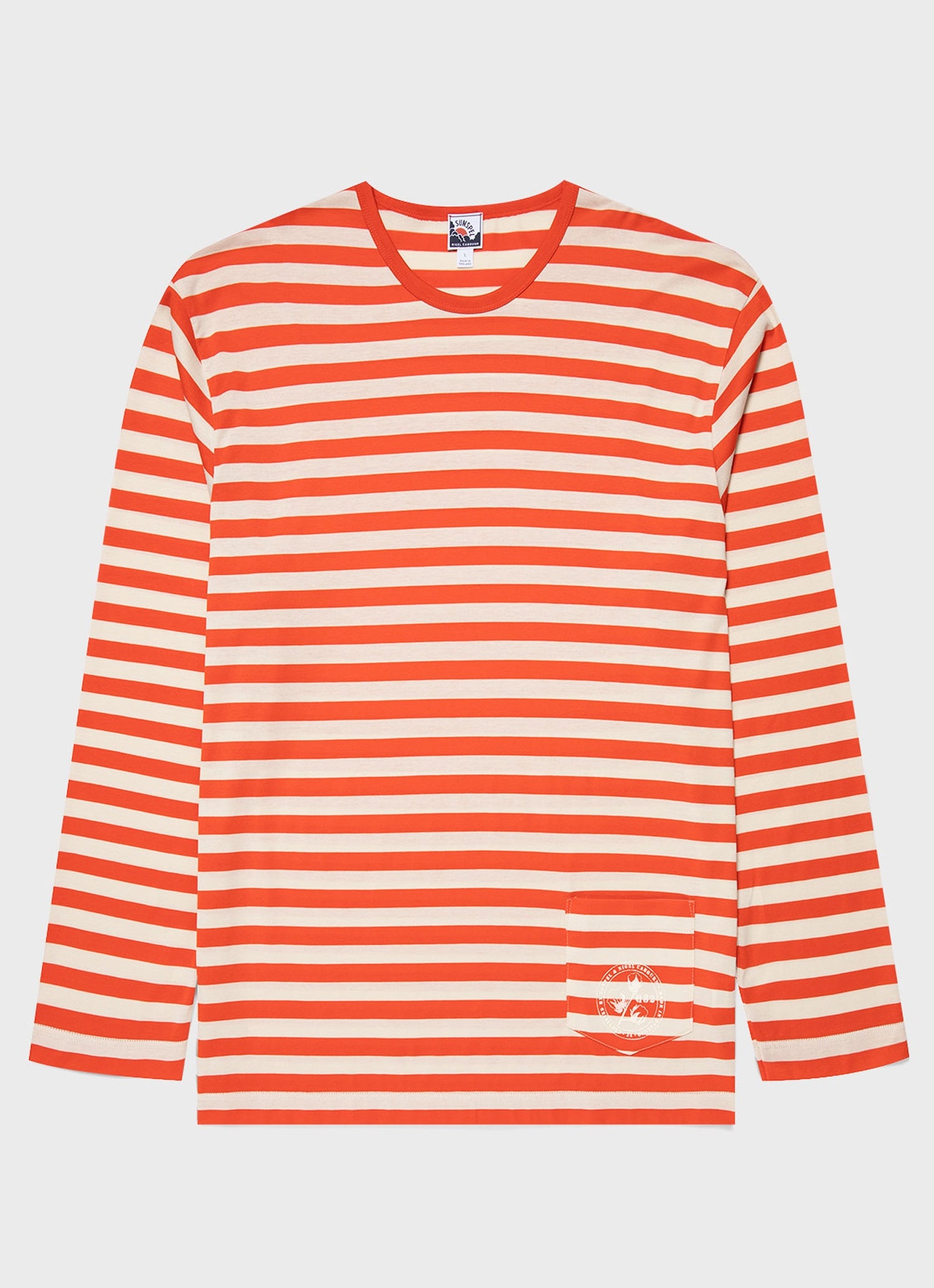 Nigel Cabourn x Sunspel Long Sleeve Pocket T-Shirt in Orange/Stone Stripe - 1