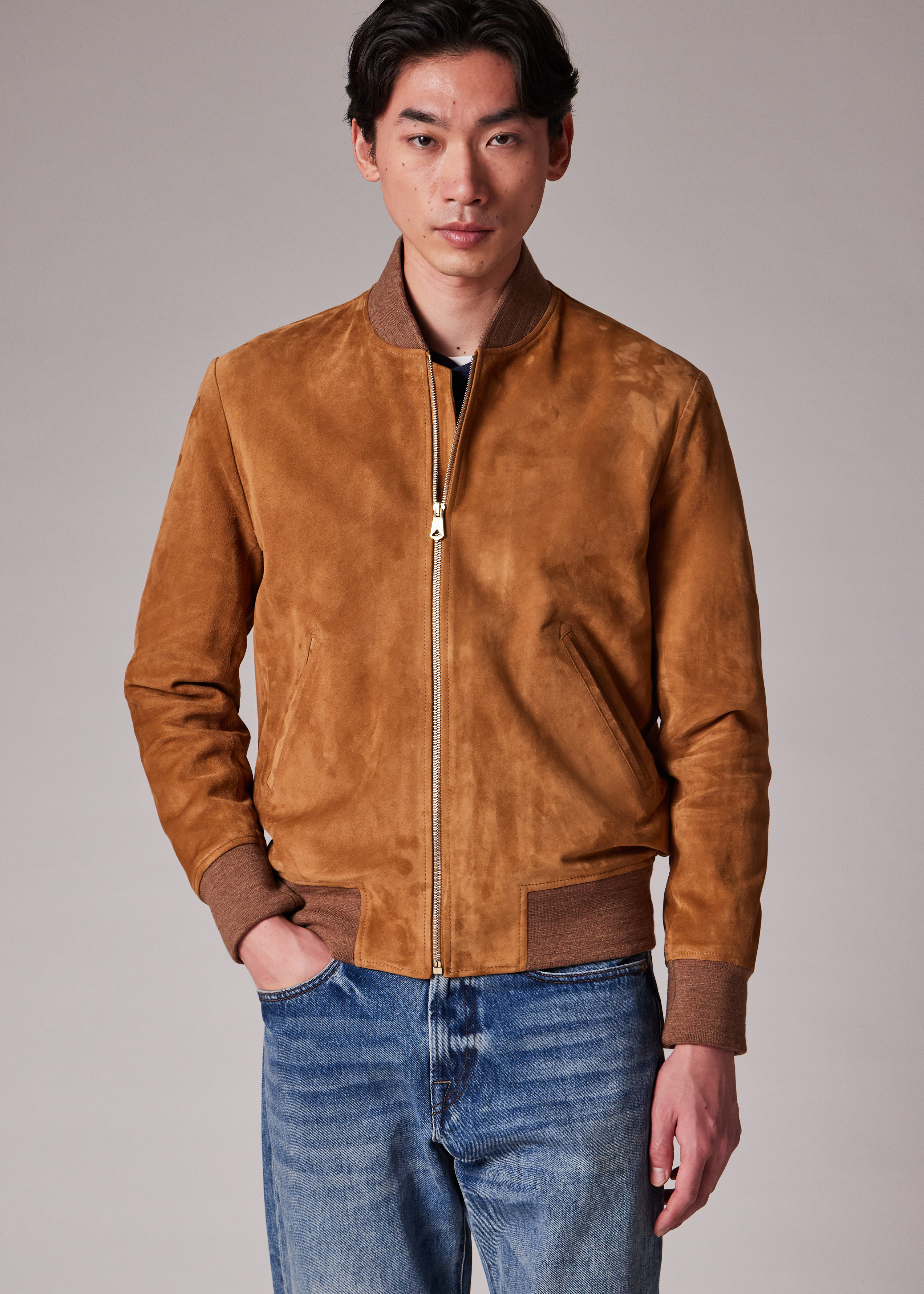Tan Suede Zip Bomber Jacket - 5