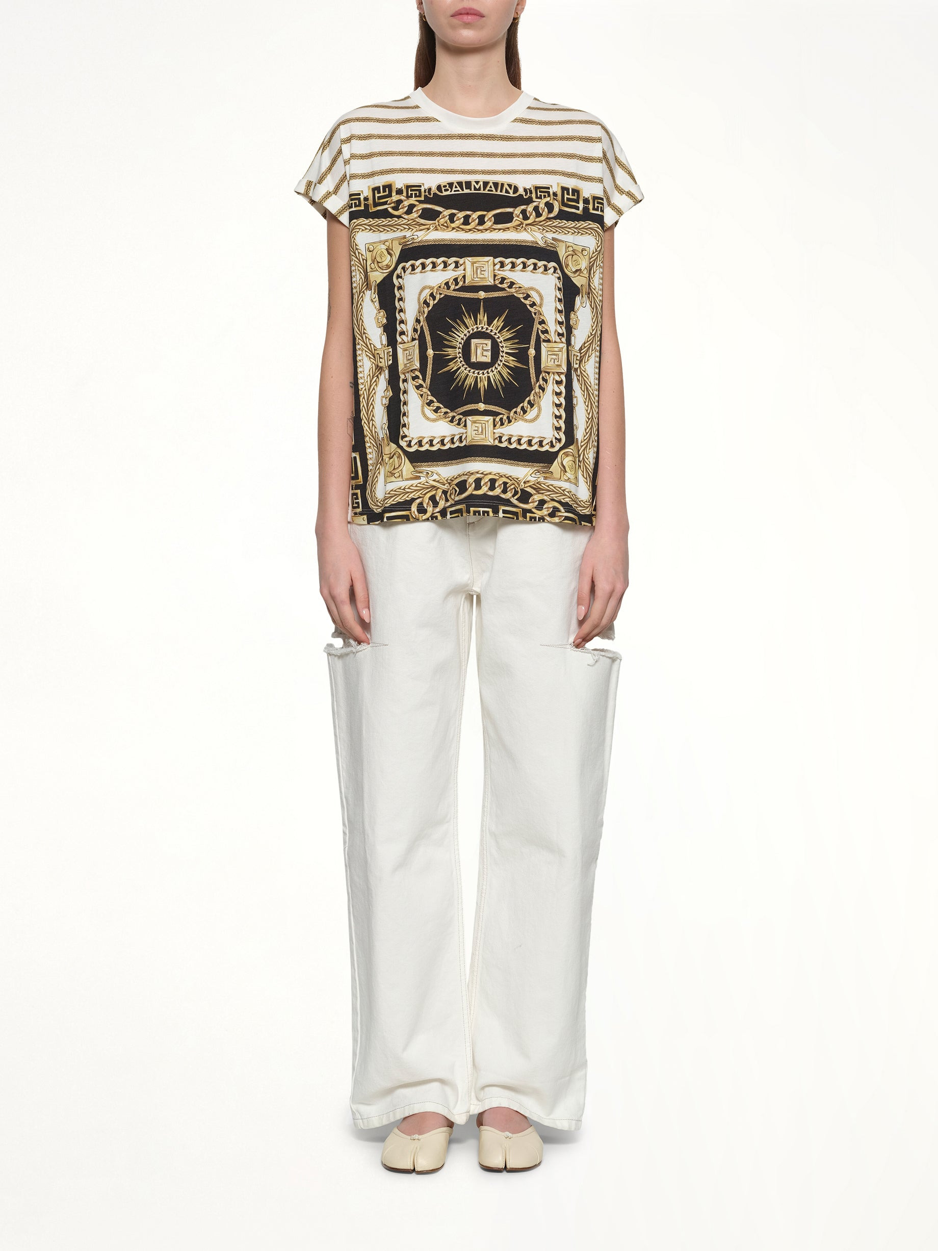 3 BTNS Foulard Print T-Shirt in White/Black/Gold - 7
